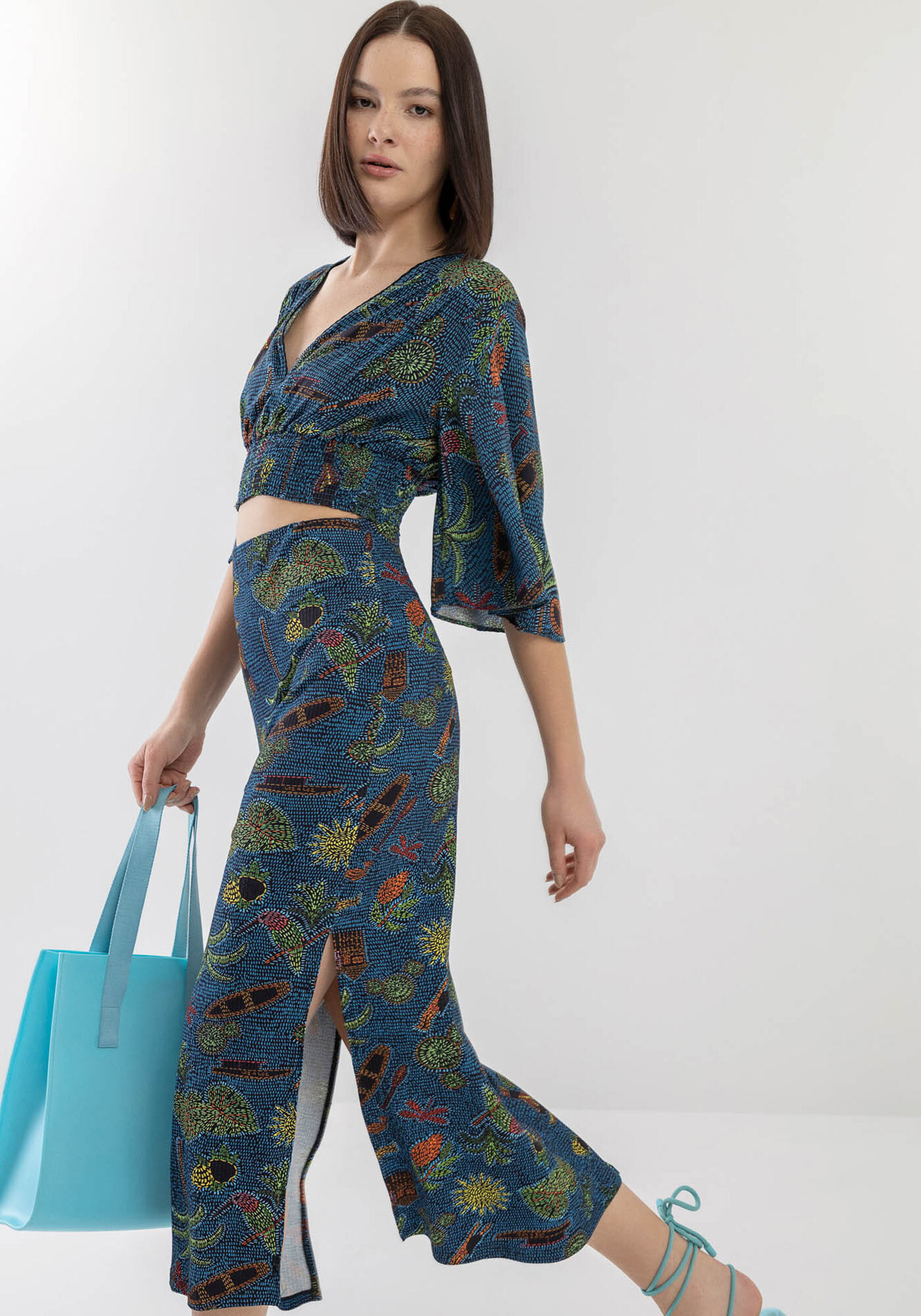 Saia Midi Canelada Estampada com Fenda Lateral, , large.