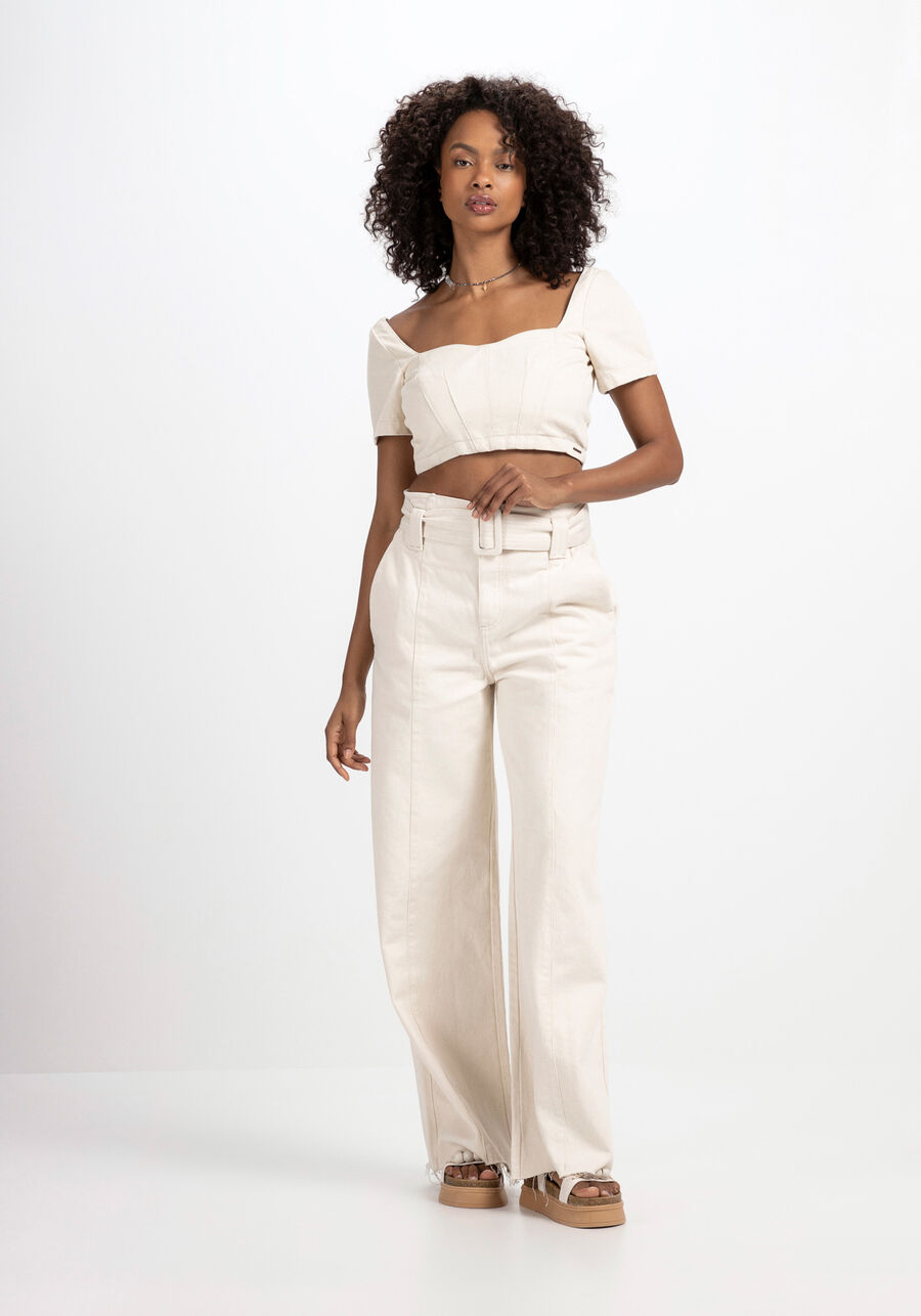 Blusa Sarja Cropped Manga Curta com Recortes, BRANCO OFF WHITE. Blusa Sarja Cropped Manga Curta com Recortes, BRANCO OFF WHITE, large.