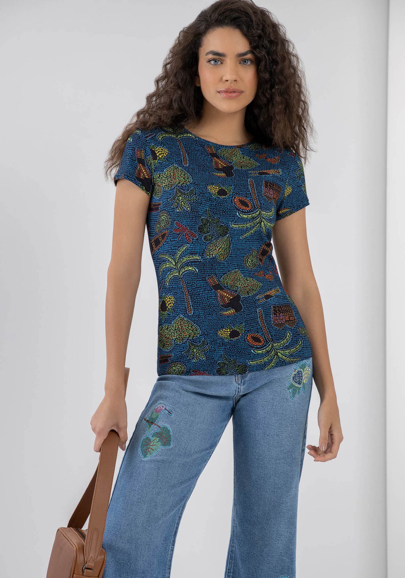 Blusa Manga Curta Canelada Estampada, , large.