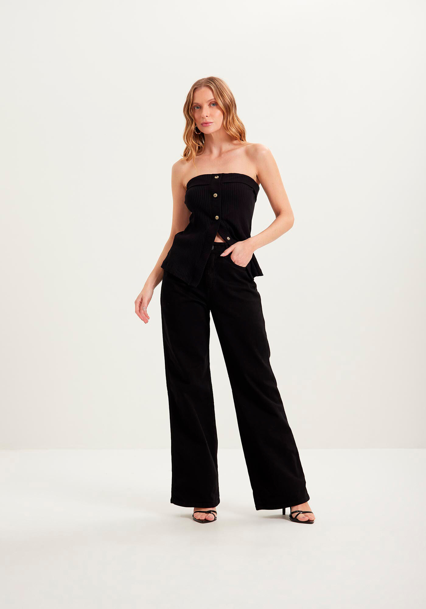 Cal&ccedil;a Wide Leg Com Cintura Alta Em Sarja Com Elastano, , large.