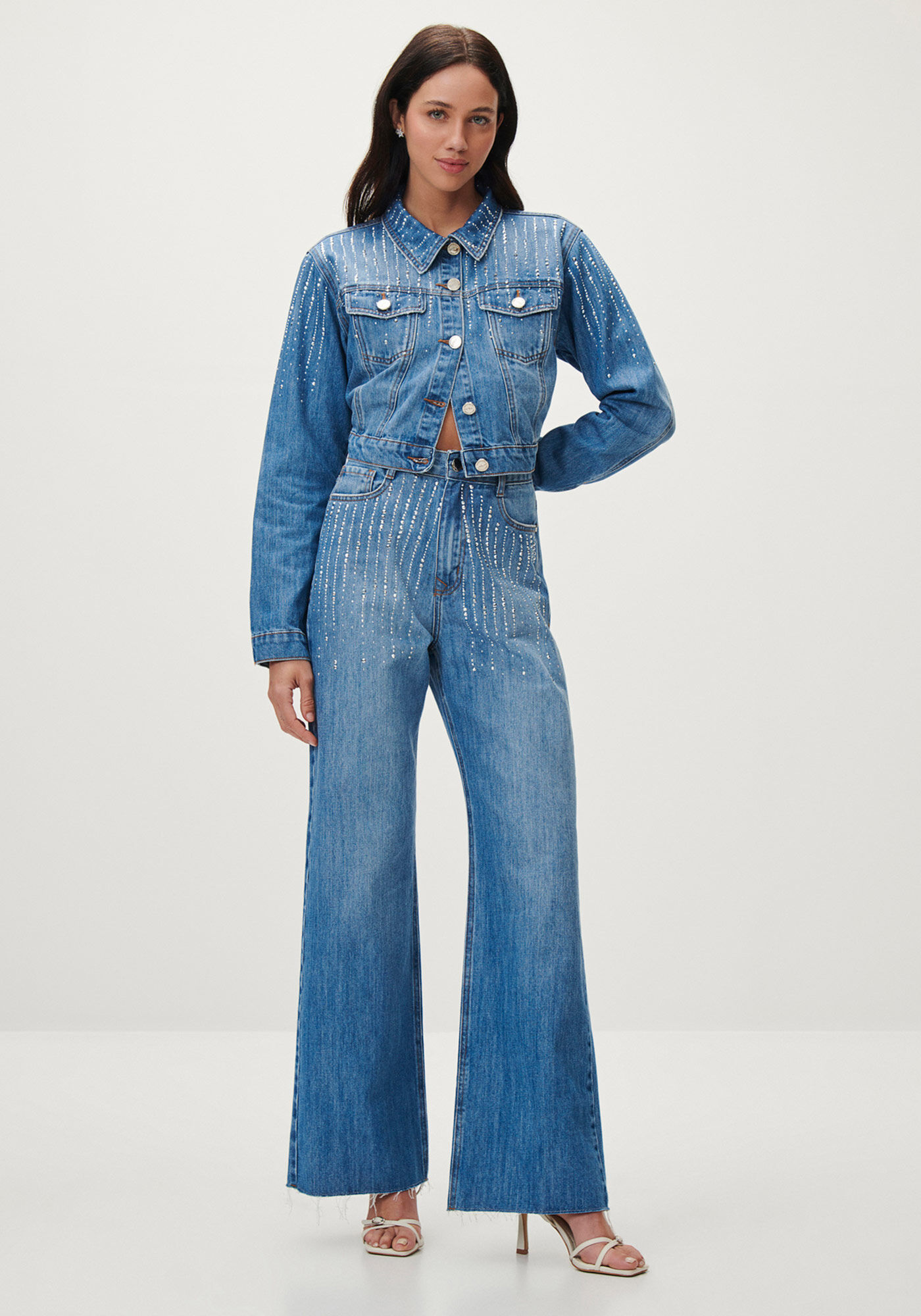 Cal&ccedil;a Jeans Wide Leg Super Alta com Strass, , large.