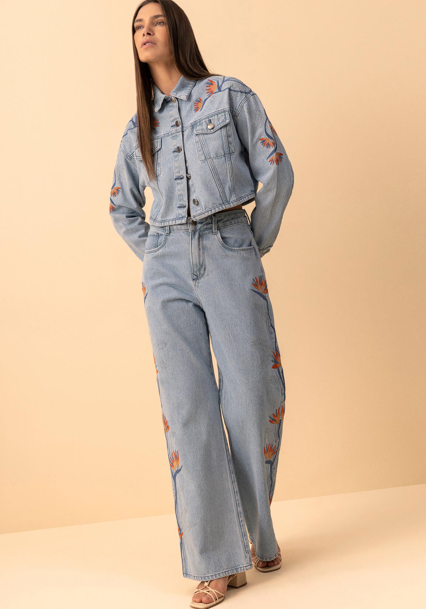 Jaqueta Jeans Cropped Com Mangas Longas E Bordados, , large.