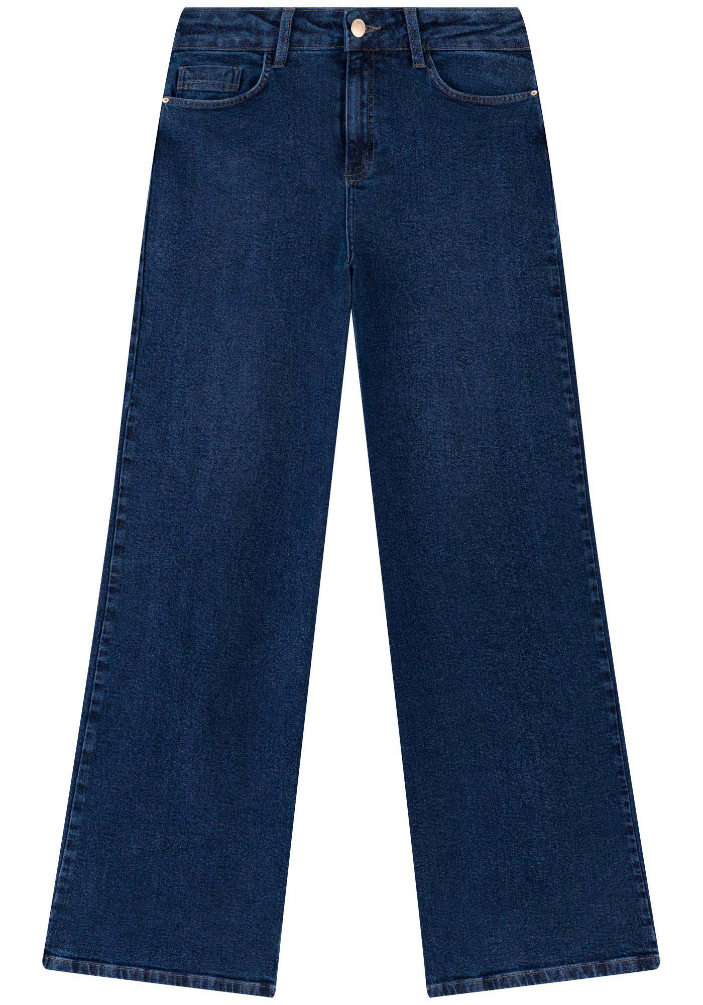 Cal&ccedil;a Jeans Wide Leg Com Elastano, JEANS ESCURO, large.