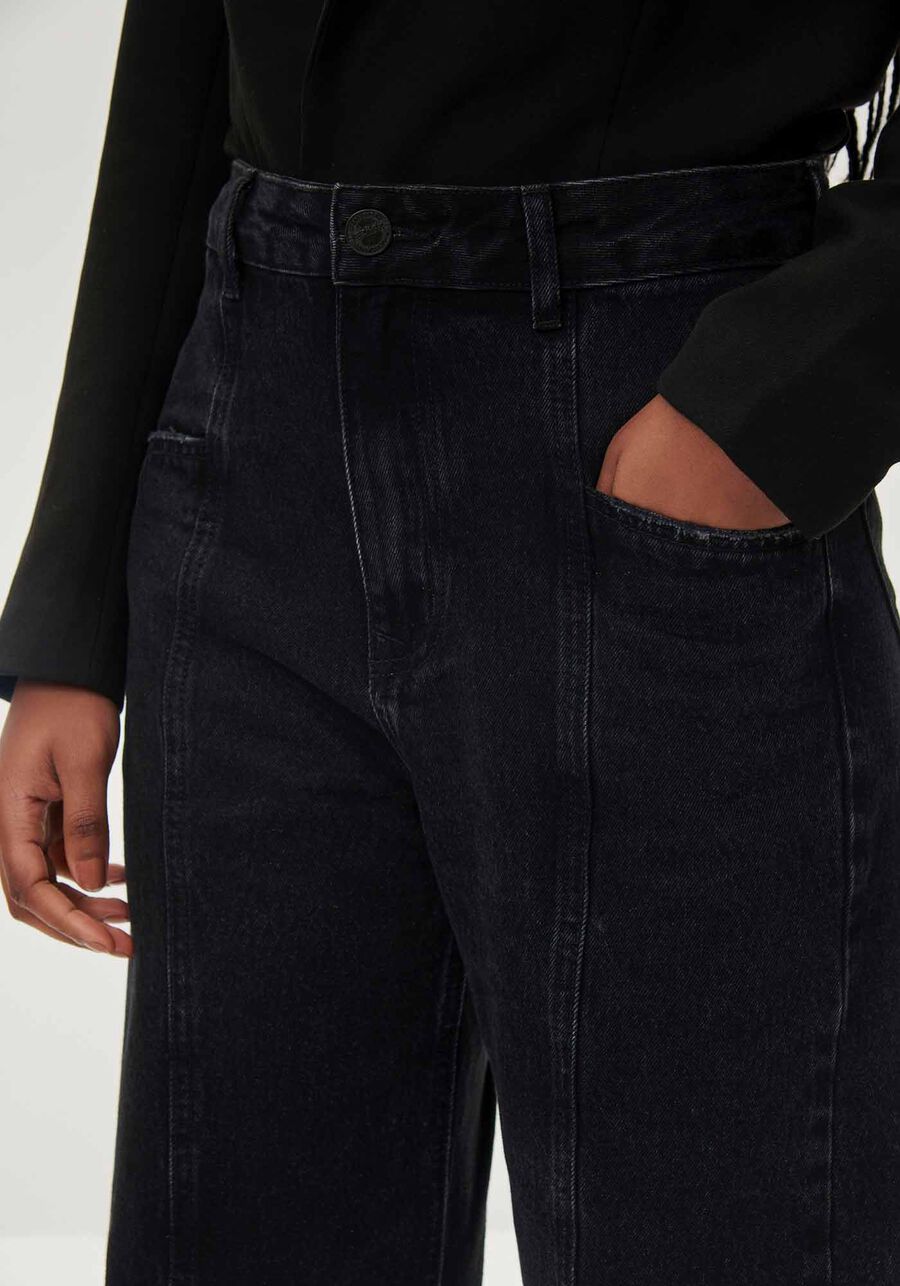Calça Jeans Wide Leg Preta com Pespontos, . Calça Jeans Wide Leg Preta com Pespontos, , large.