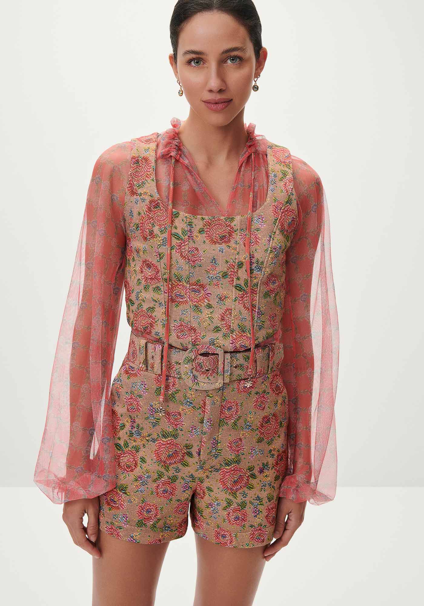 Blusa Manga Longa Bufante em Tule Estampado, , large.