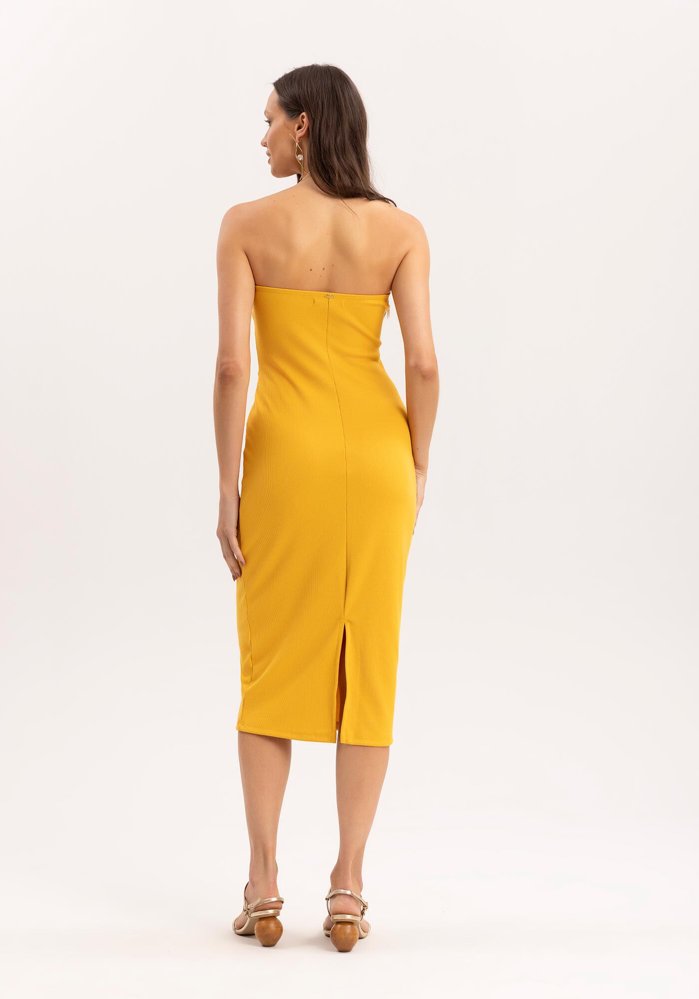 Vestido Midi Justo Tomara que Caia com Aviamento Decote, AMARELO SAVANNAH, large.