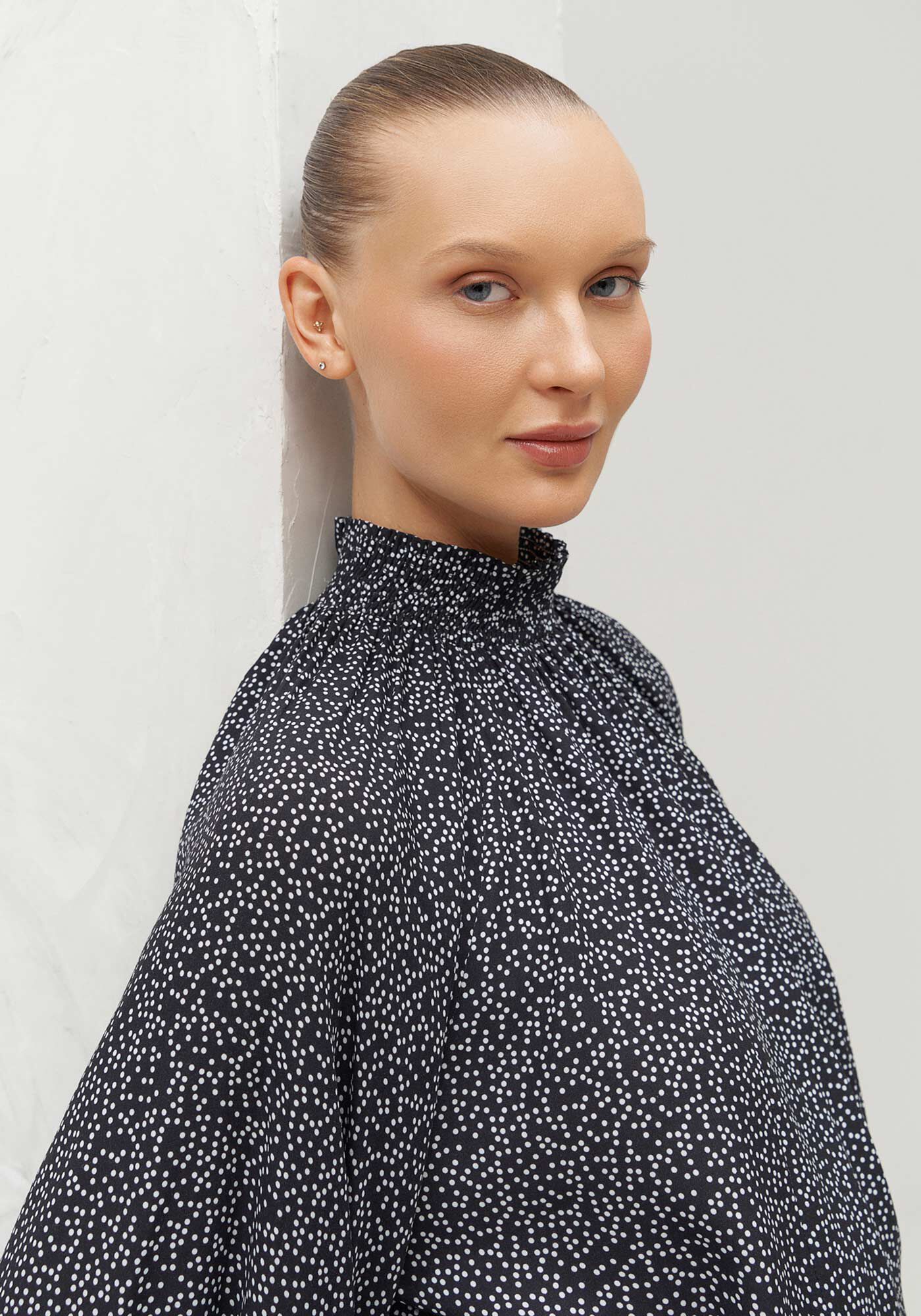 Vestido Curto Estampado com Manga Bufante, DOTS, large.