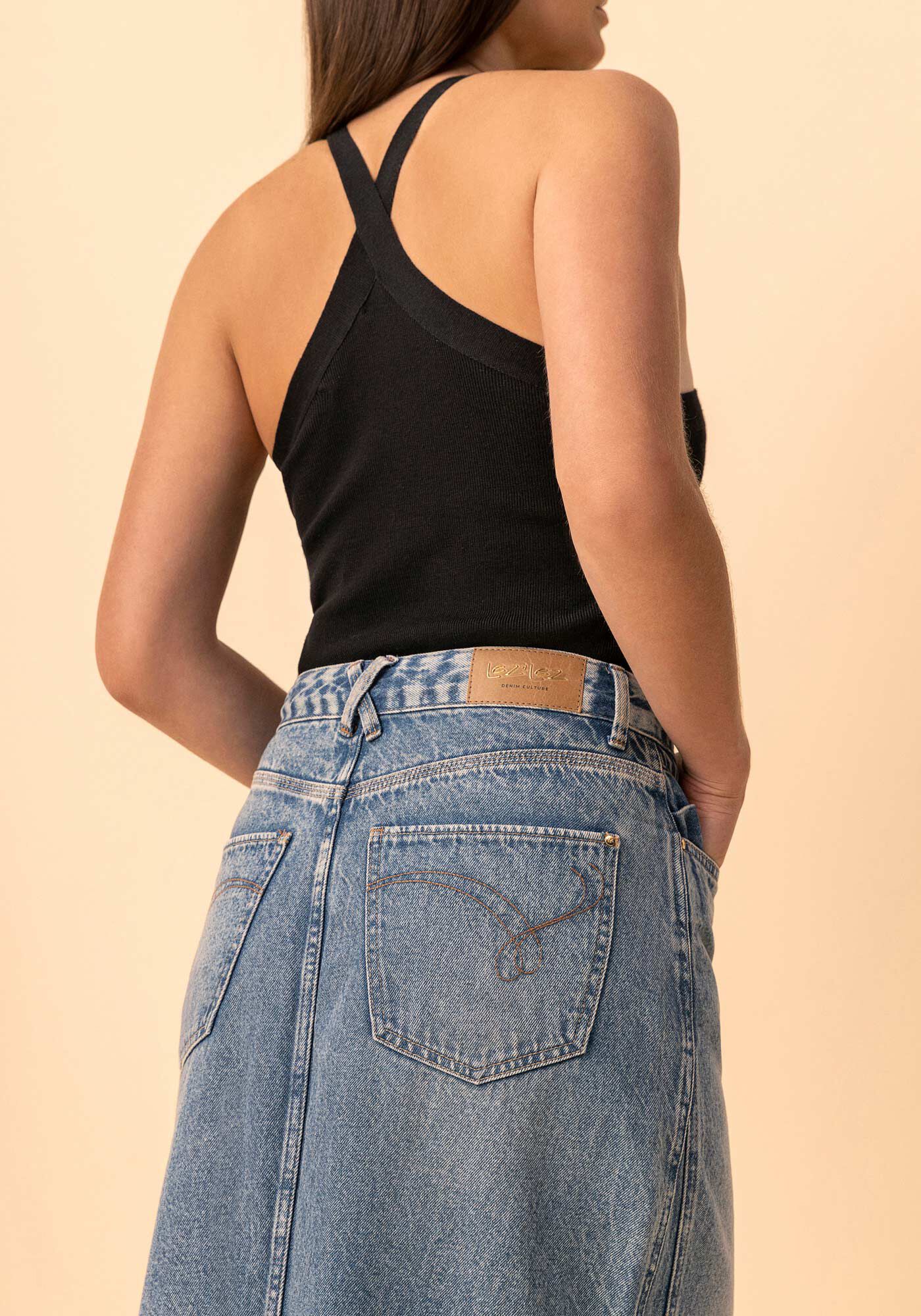 Saia Jeans Longa De Cintura Alta Com Fenda E Recortes, JEANS, large.