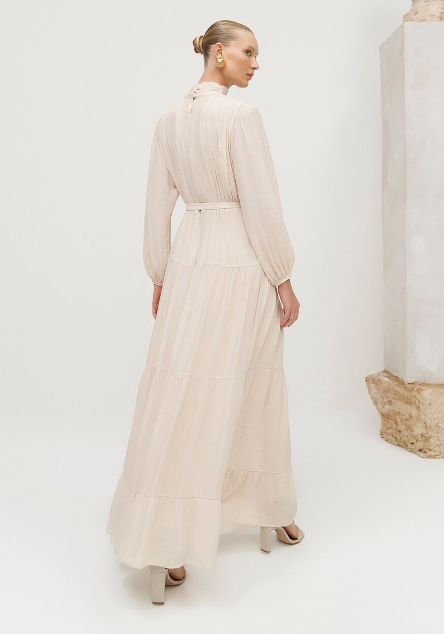 Vestido Longo Gola Alta em Shantung com Cinto, BEGE VALSA. Vestido Longo Gola Alta em Shantung com Cinto, BEGE VALSA, large.
