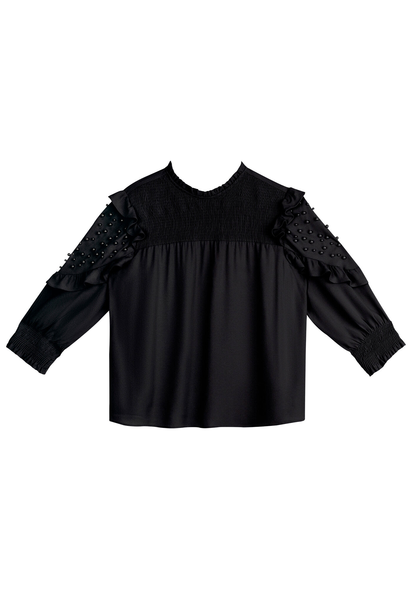 Blusa Manga 3/4 em Crepe com Babado e P&eacute;rolas, , large.