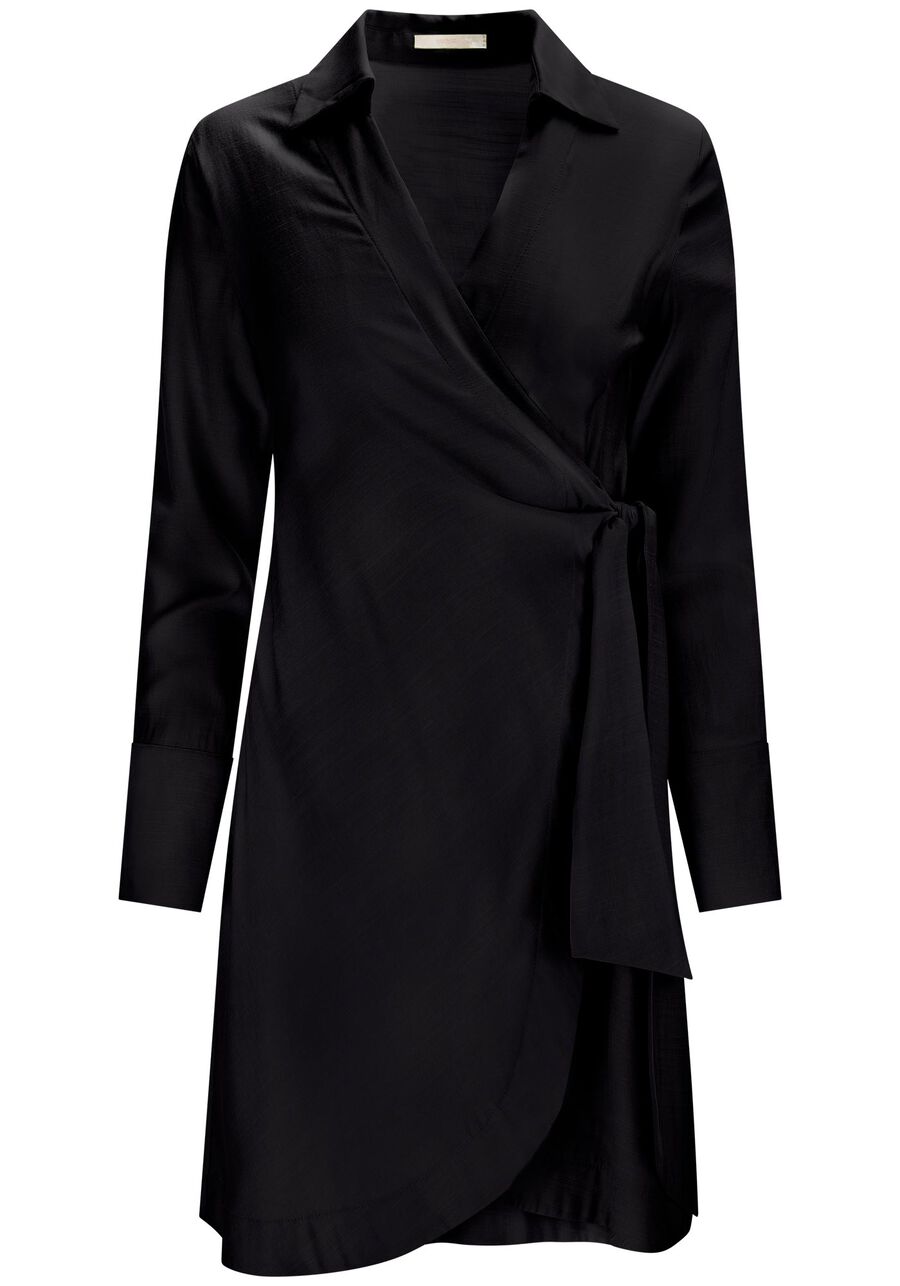 Vestido Curto Manga Longa em Viscose Transpassado, . Vestido Curto Manga Longa em Viscose Transpassado, , large.