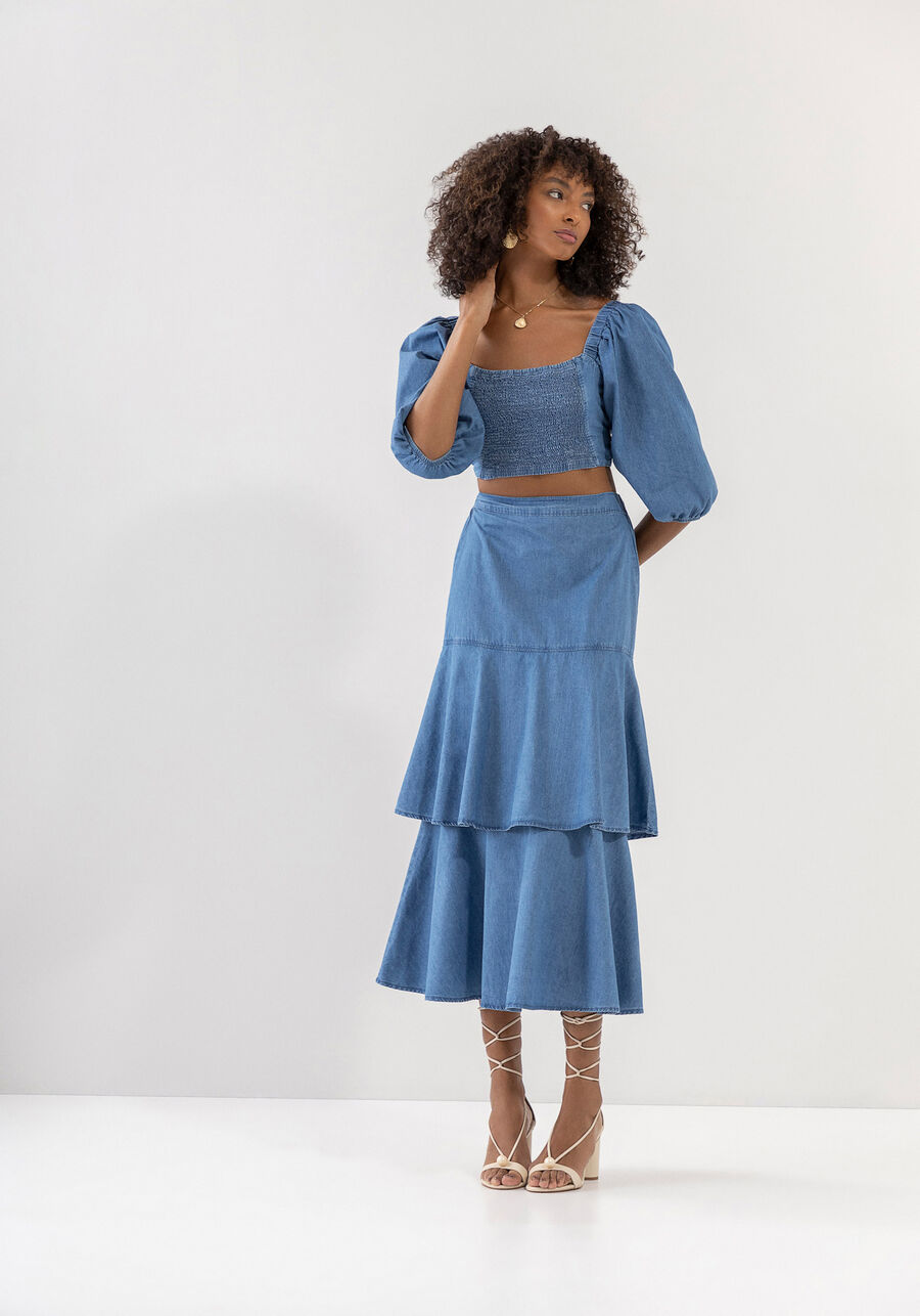Blusa Jeans Cut Manga 3/4 Bufante com Cut Out, . Blusa Jeans Cut Manga 3/4 Bufante com Cut Out, , large.