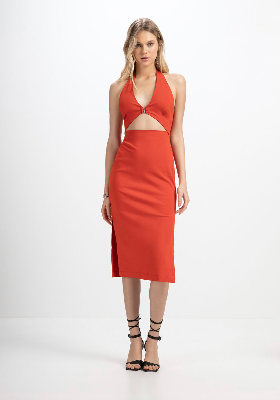 Vestido Midi com Decote Profundo e Detalhe, VERMELHO FOREVER. Vestido Midi com Decote Profundo e Detalhe, VERMELHO FOREVER, large.