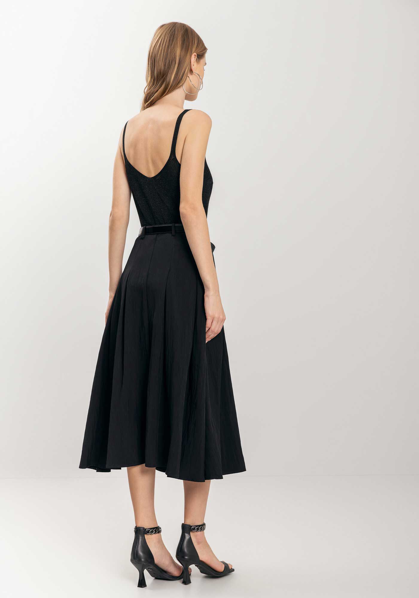 Saia Ch&aacute; De Cintura Alta Com Cinto E Bolsos, , large.