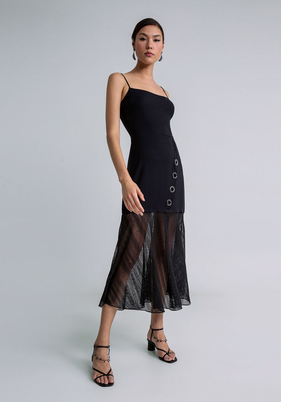 Vestido Midi Ilhós Recorte Renda, PRETO. Vestido Midi Ilhós Recorte Renda, PRETO, large.