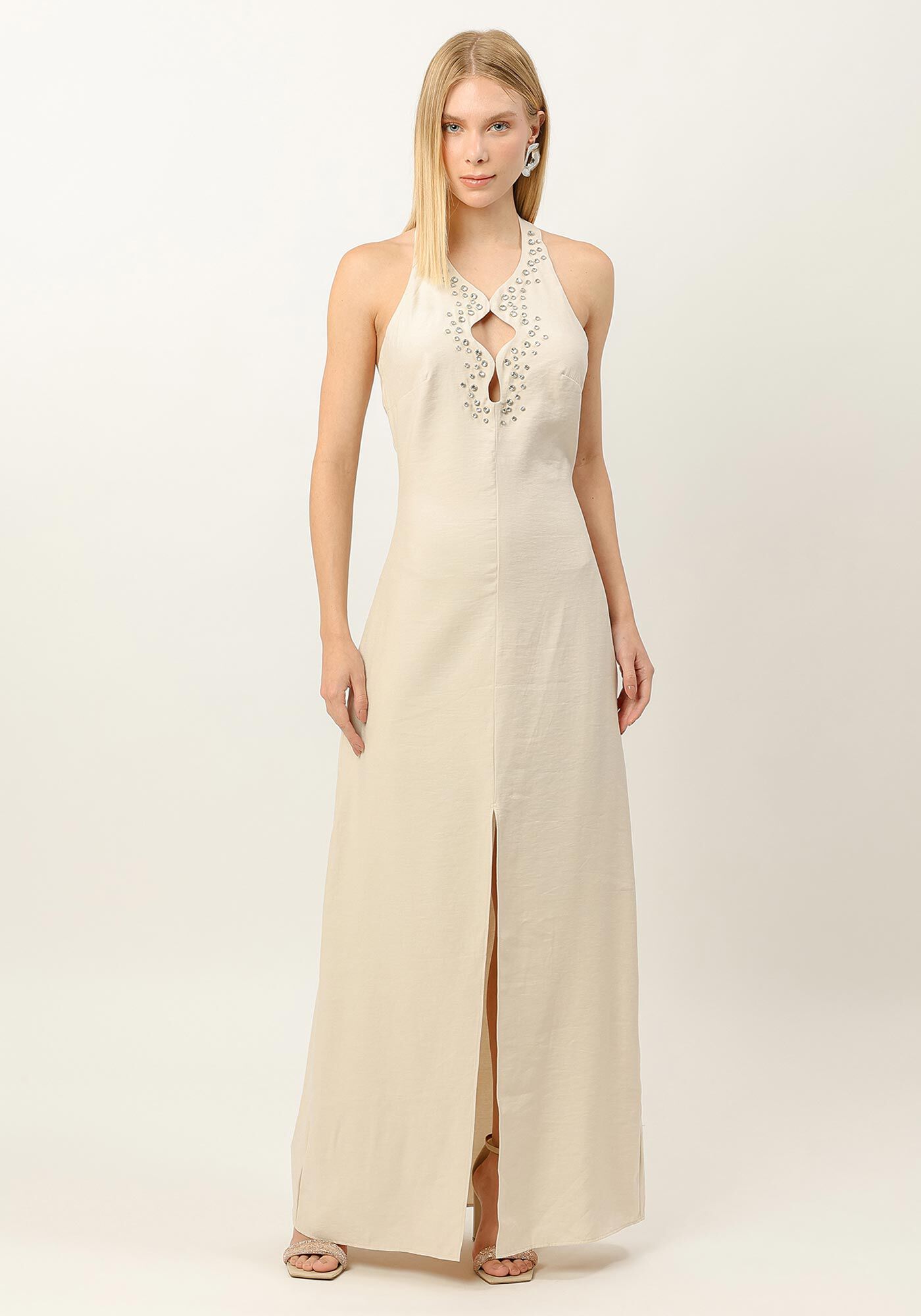 Vestido Longo Frente &Uacute;nica com Pedraria, BEGE CAQUI, large.