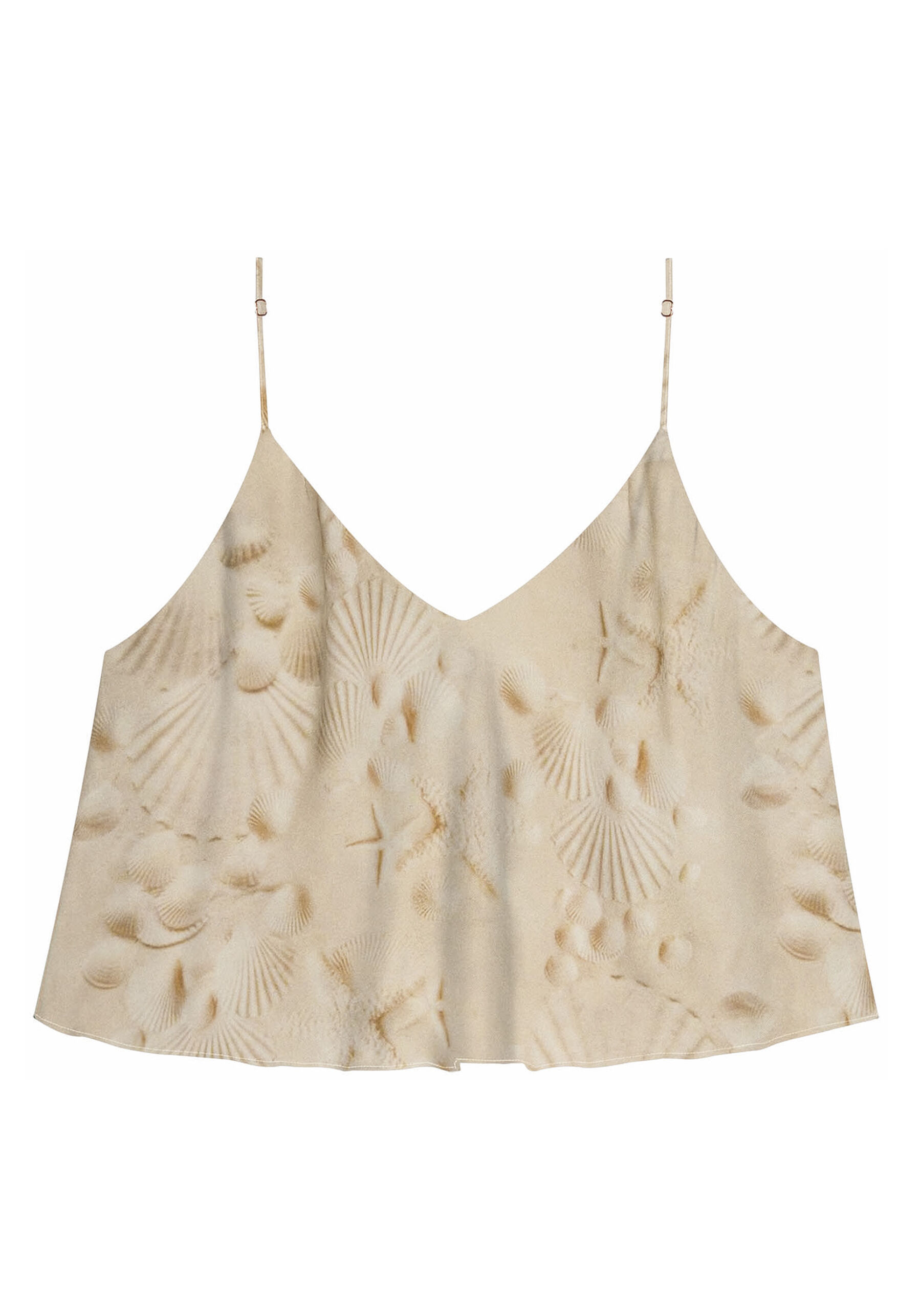 Blusa Alças Estampada em Viscose com Decote V, BEIRA-MAR. Blusa Alças Estampada em Viscose com Decote V, BEIRA-MAR, large.