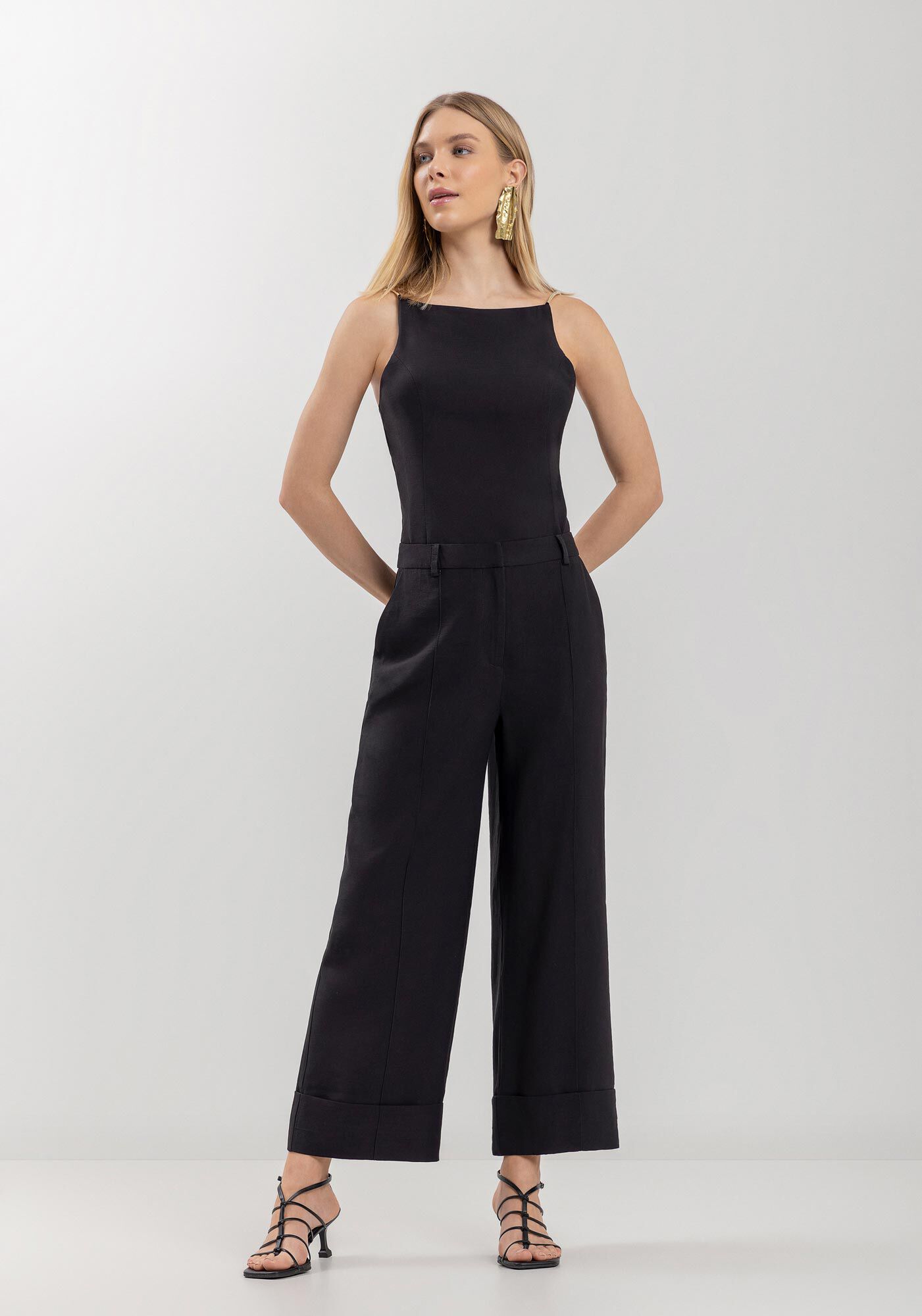 Cal&ccedil;a Reta De Cintura Alta Com Vincos E Barras Largas, , large.