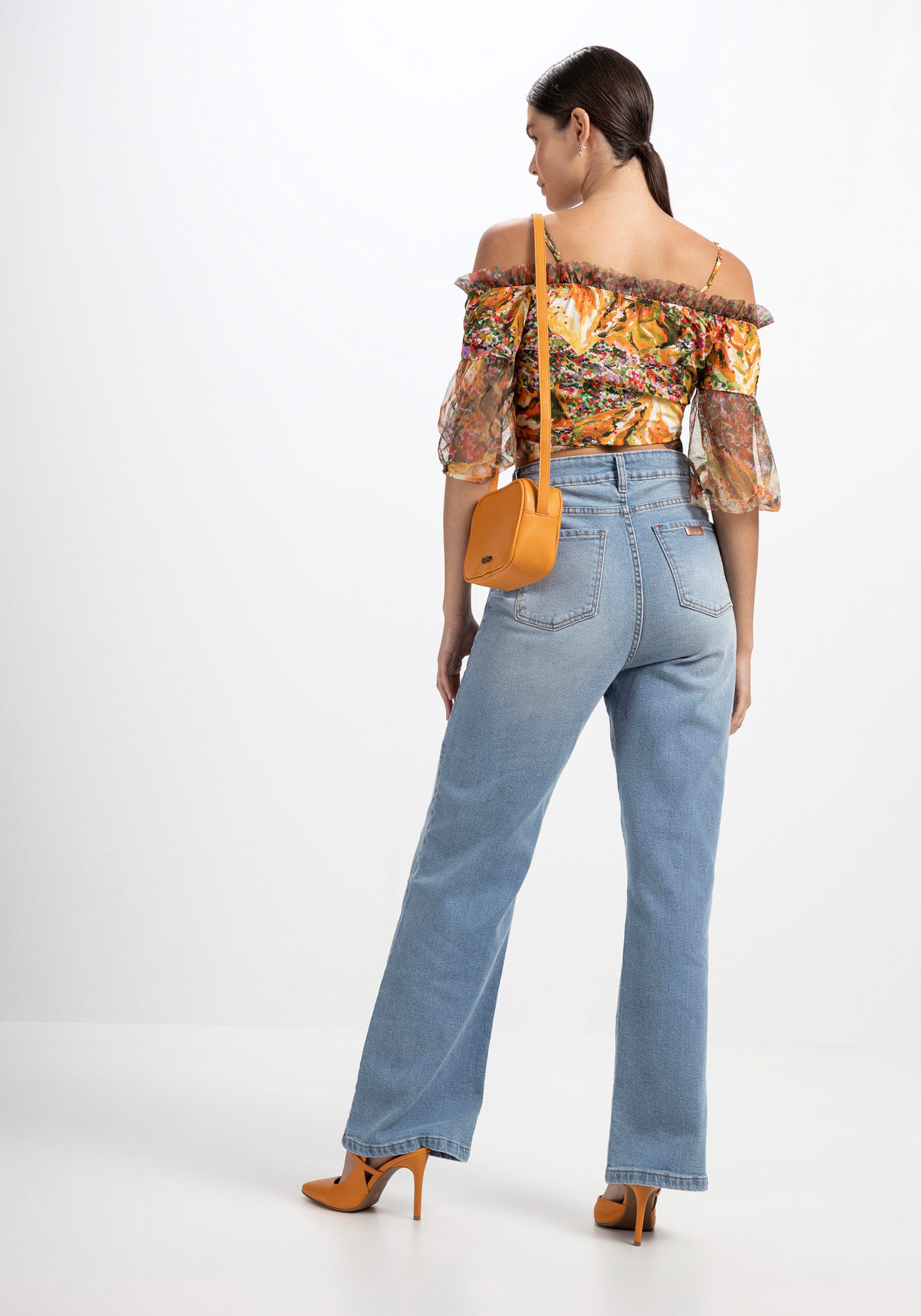 Blusa Cropped Estampada com Manga Tule, , large.