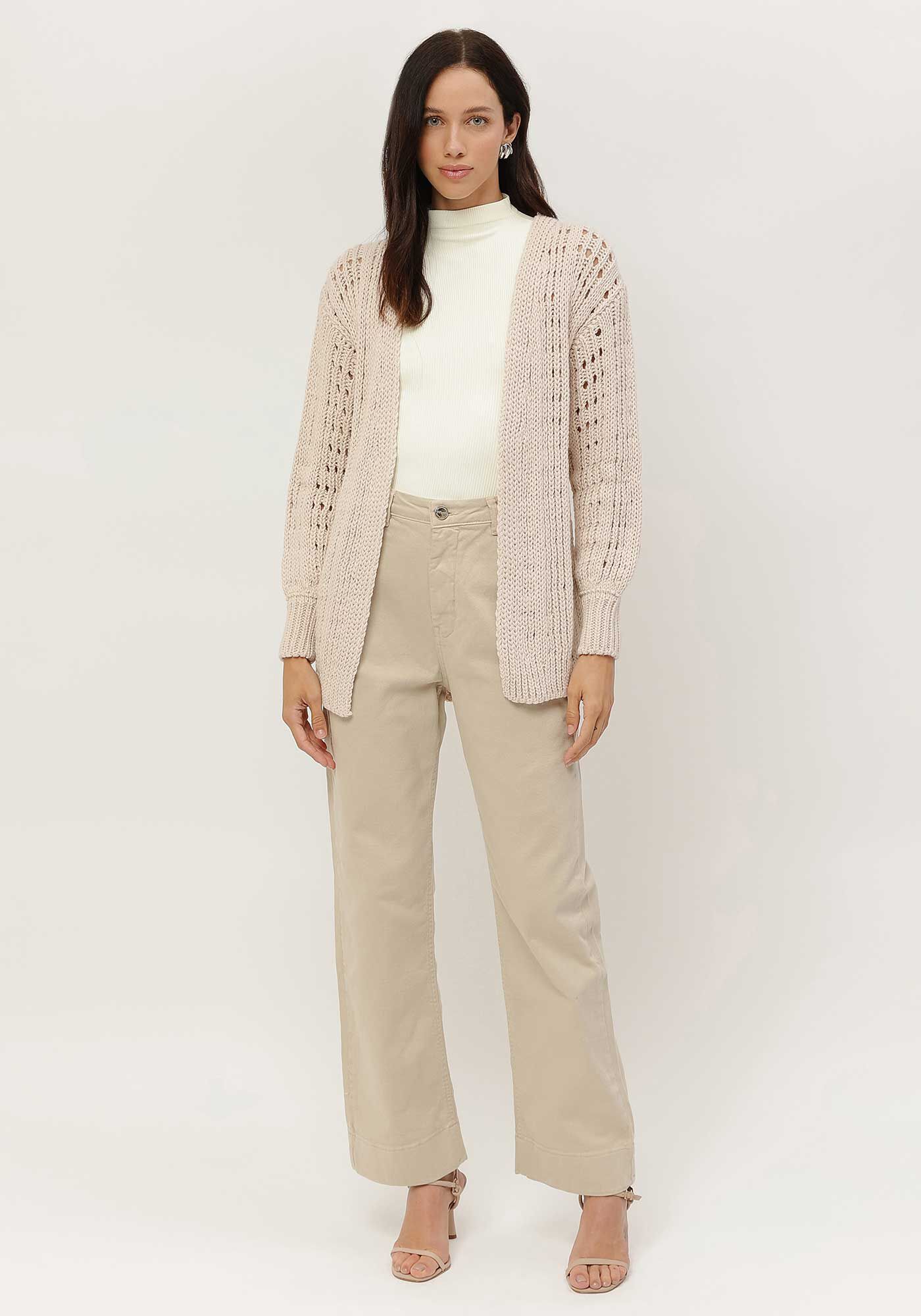 Cardigan em Tric&ocirc; Rendilhado com Manga Bufante, , large.