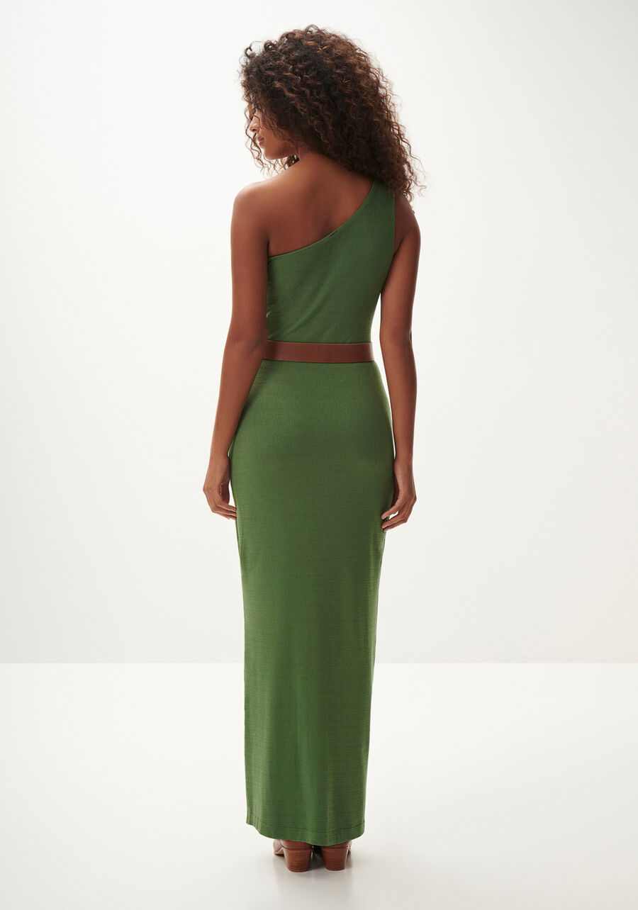 Vestido Longo Ombro Só em Malha com Cinto, VERDE TURTLE. Vestido Longo Ombro Só em Malha com Cinto, VERDE TURTLE, large.