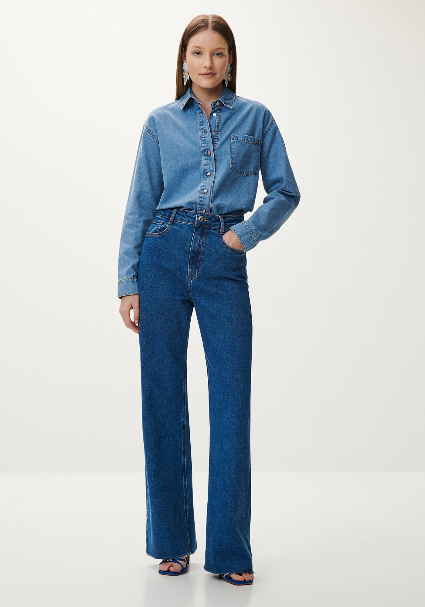 Cal&ccedil;a Jeans Wide Leg Super Alta com Elastano, JEANS ESCURO, large.