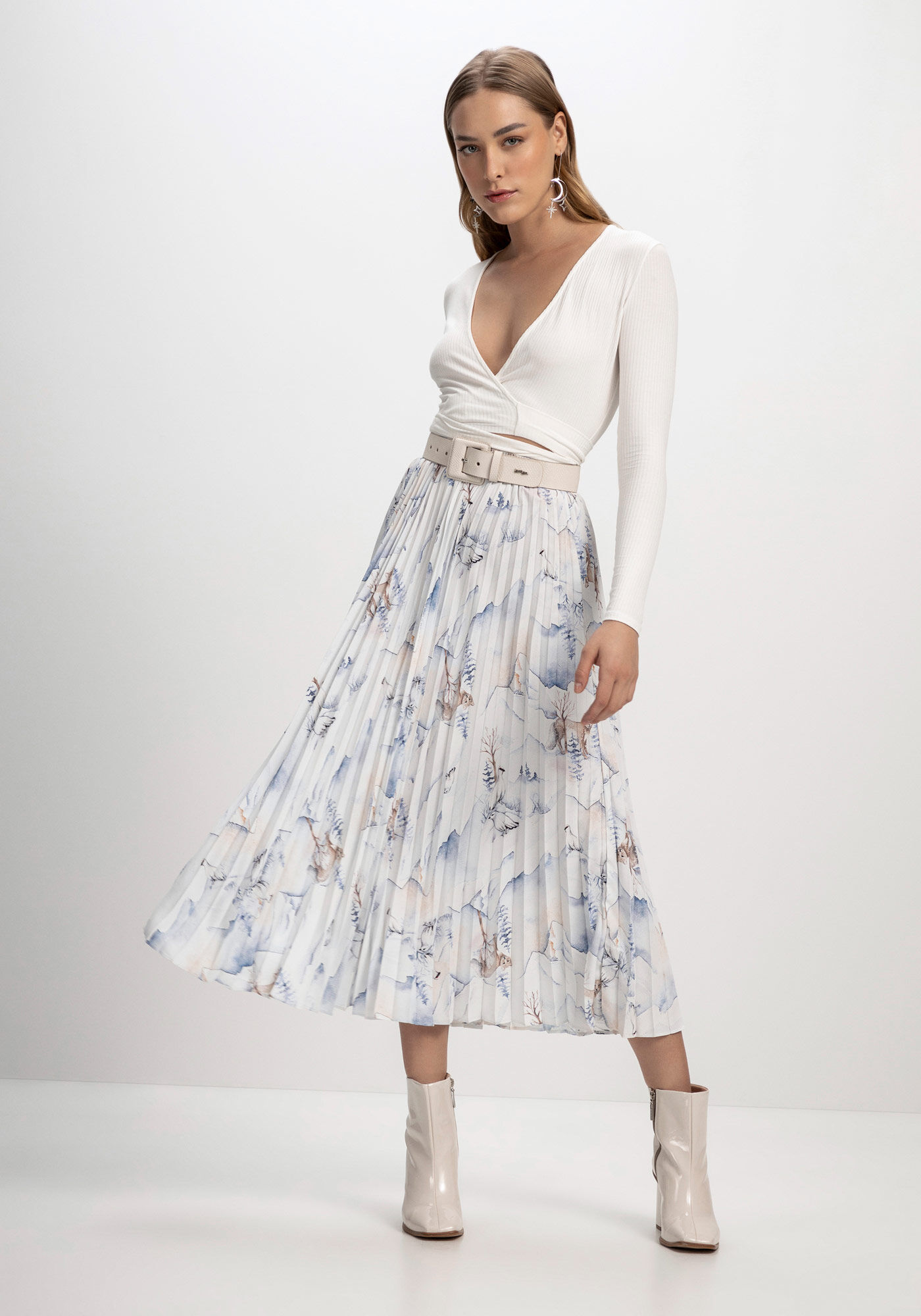 Vestido Longo Manga Longa com Plissado, FOX, large.