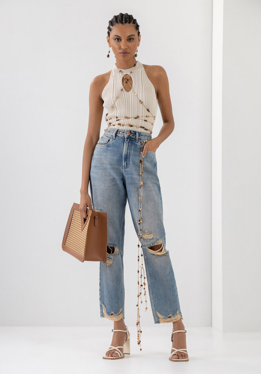 Calça Jeans Mom Super Alta Cropped Destroyed, JEANS. Calça Jeans Mom Super Alta Cropped Destroyed, JEANS, large.