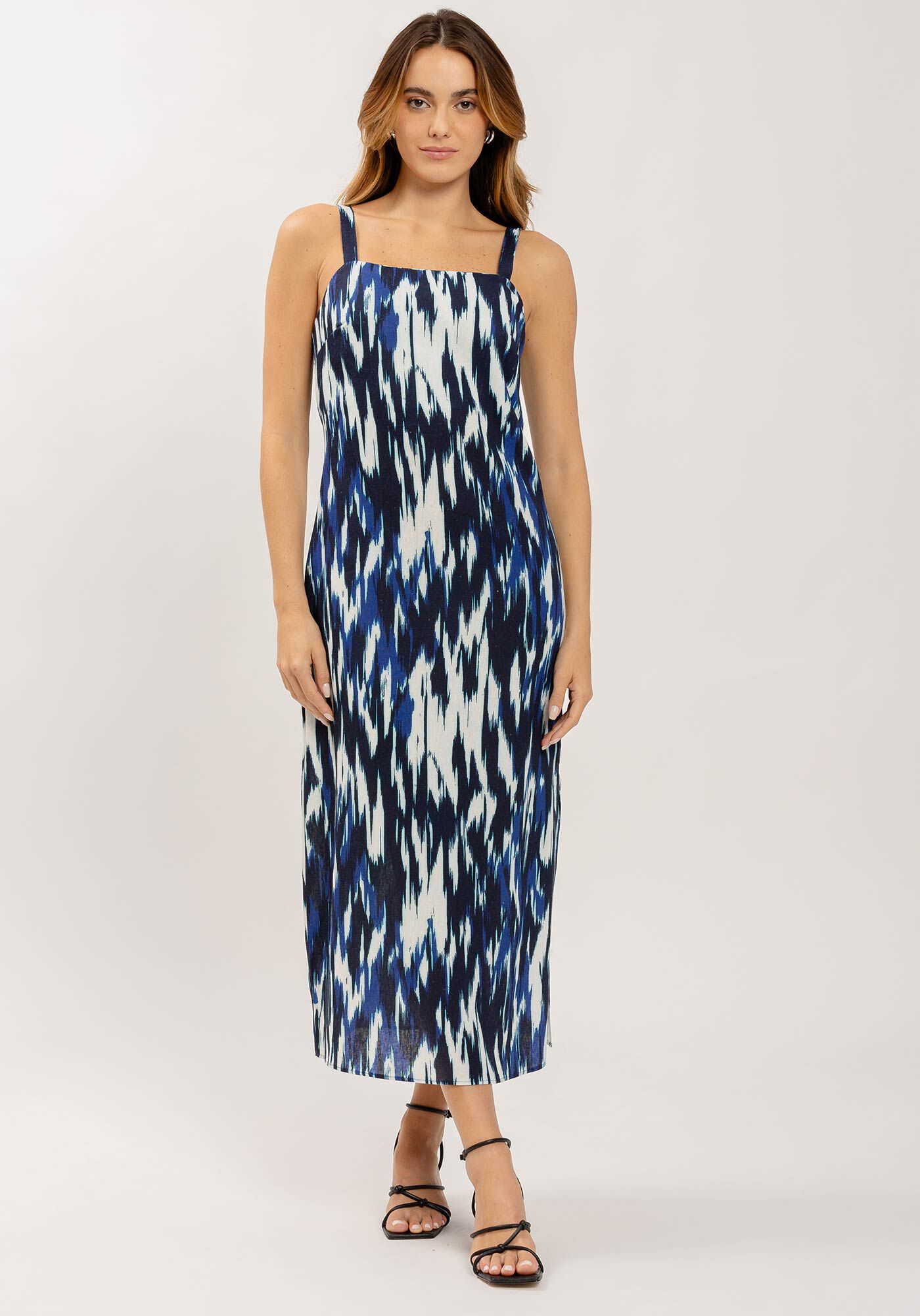 Vestido Midi em Linho Estampado com Decote Reto, , large.