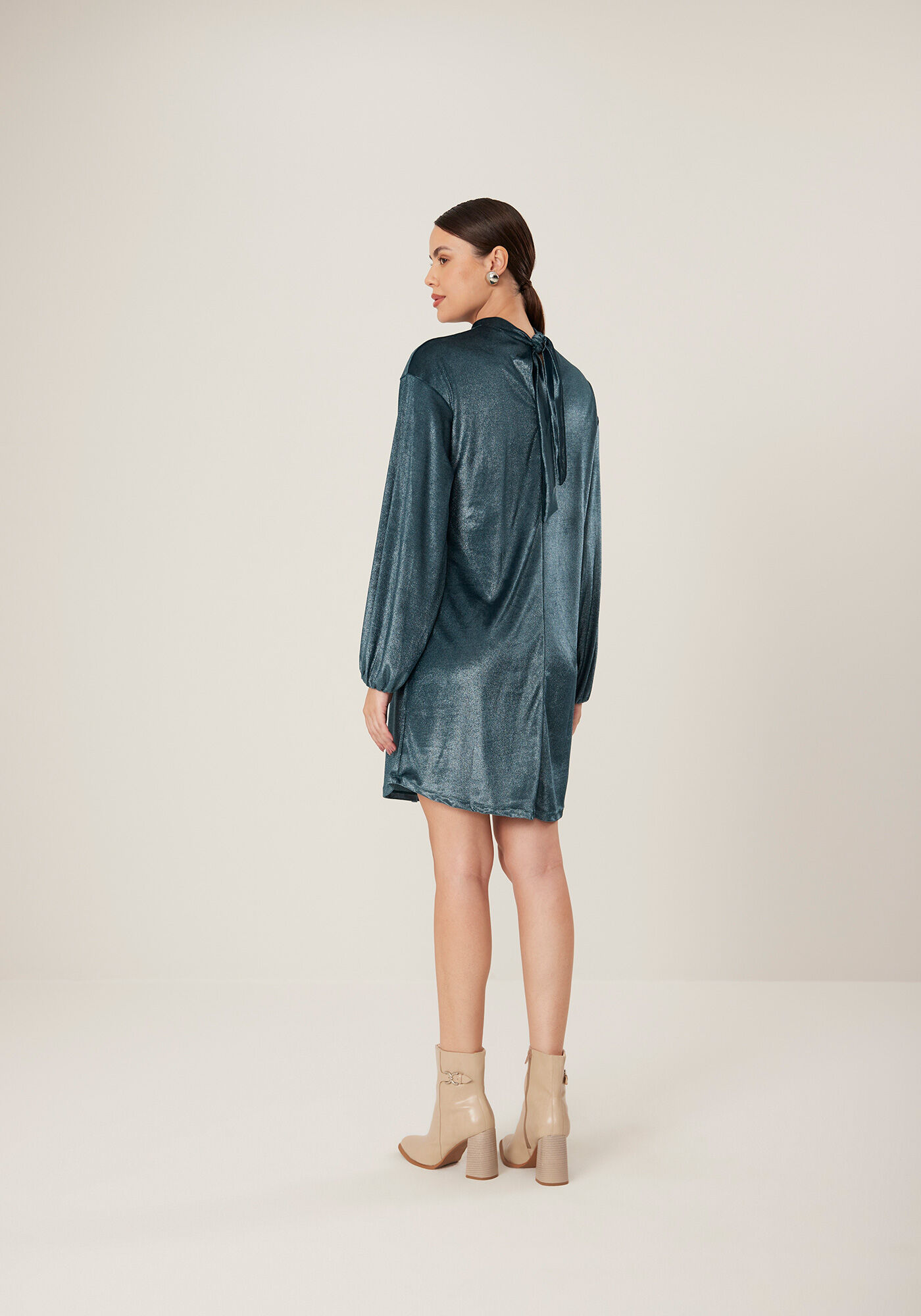Vestido Curto De Mangas Longas Em Malha De Veludo, VERDE CERES, large.