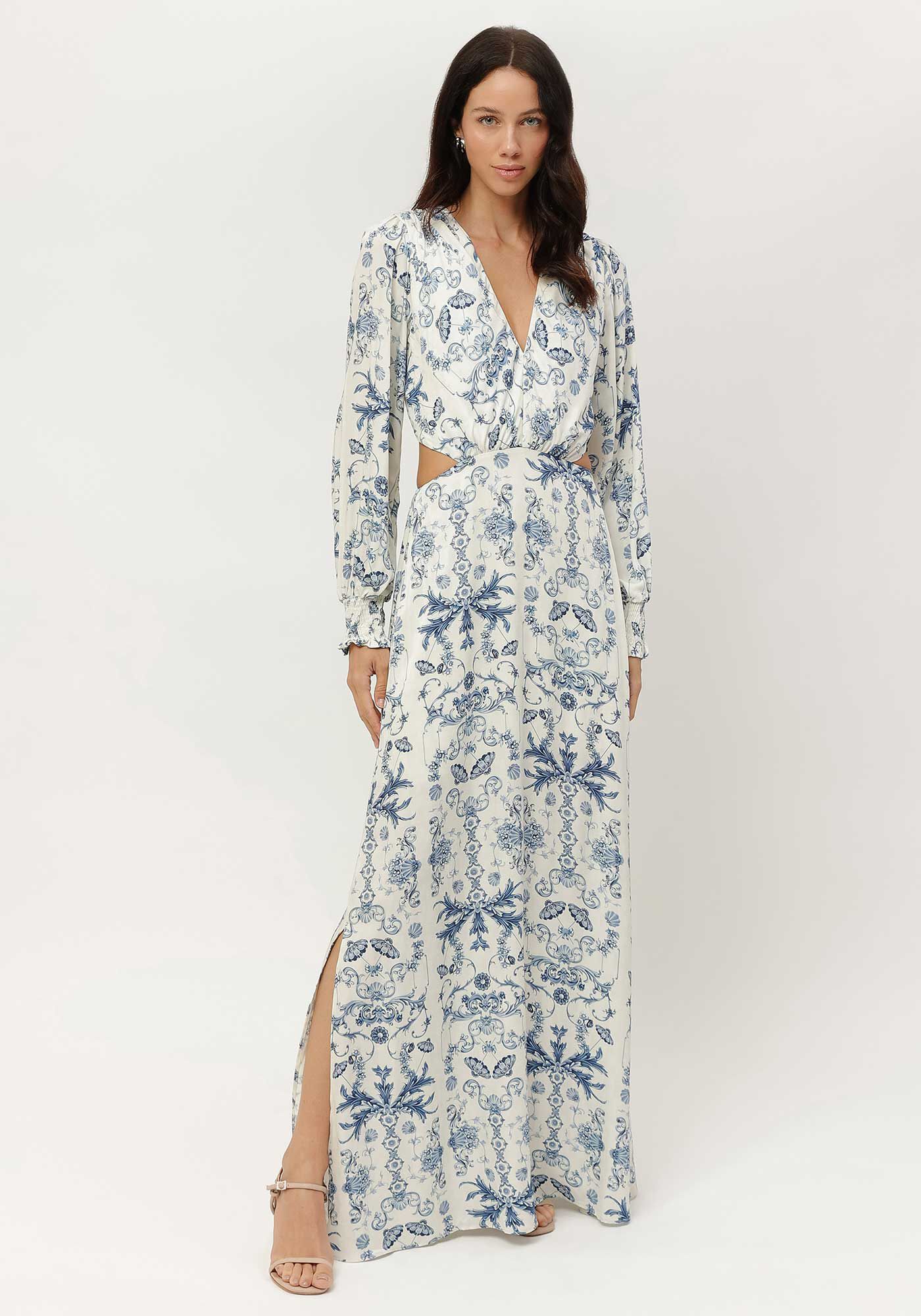 Vestido Longo Manga Longa Estampado com Cut Out, , large.