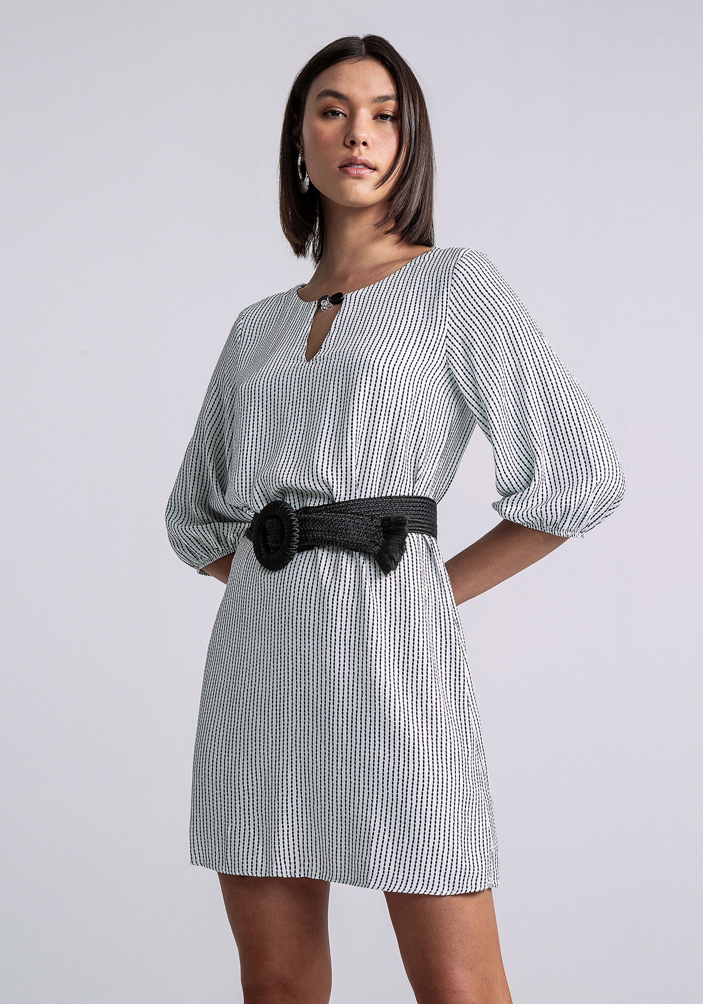 Vestido Curto Estampado Manga 3/4, , large.