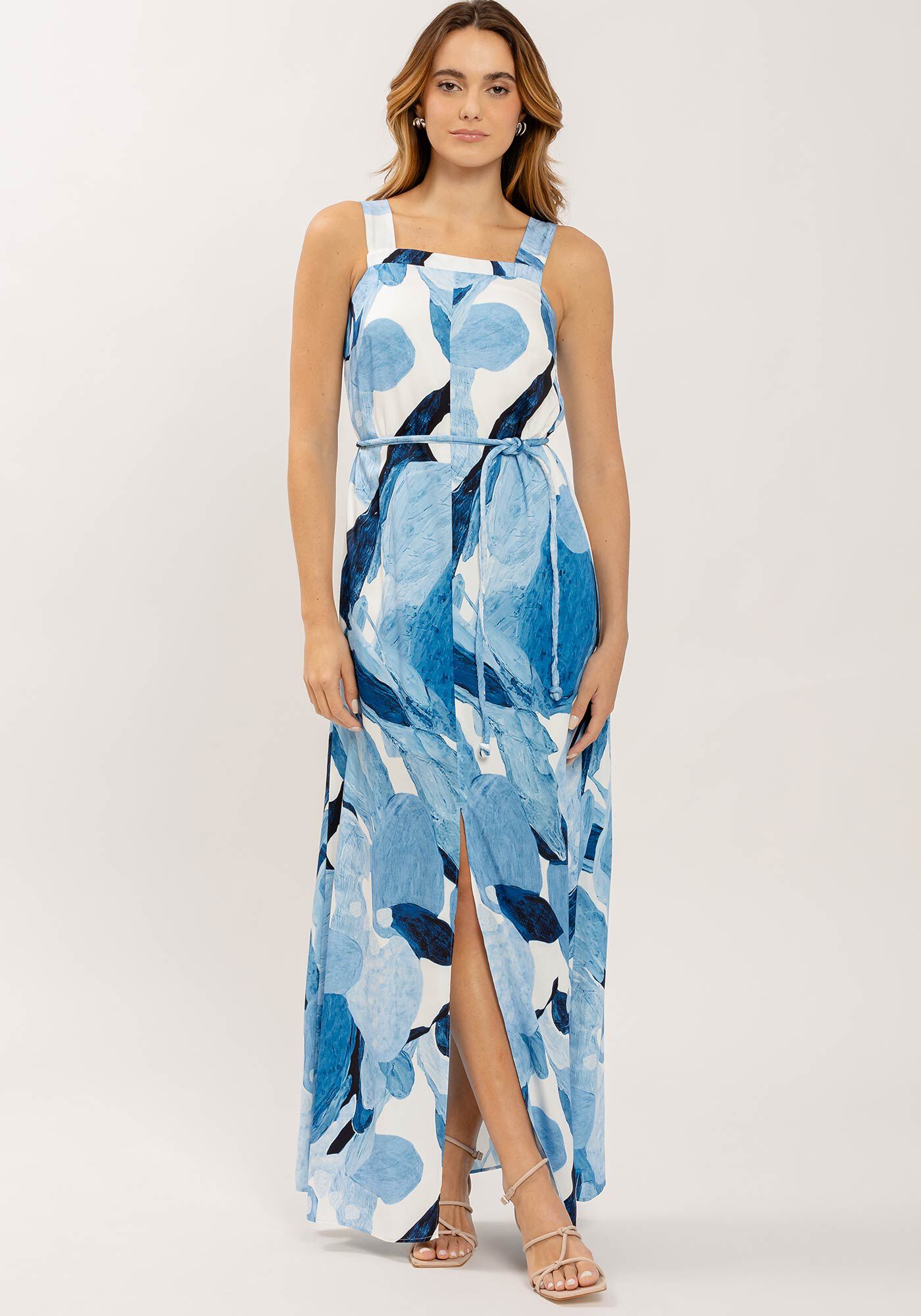 Vestido Longo Estampado com Cinto e Fenda, , large.