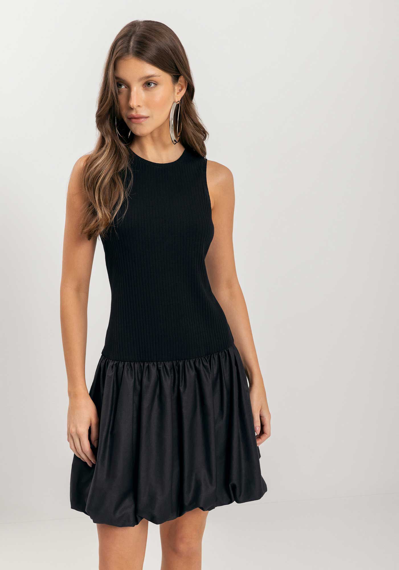 Vestido Curto Balon&ecirc; Em Malha Canelada E Tafet&aacute;, PRETO, large.