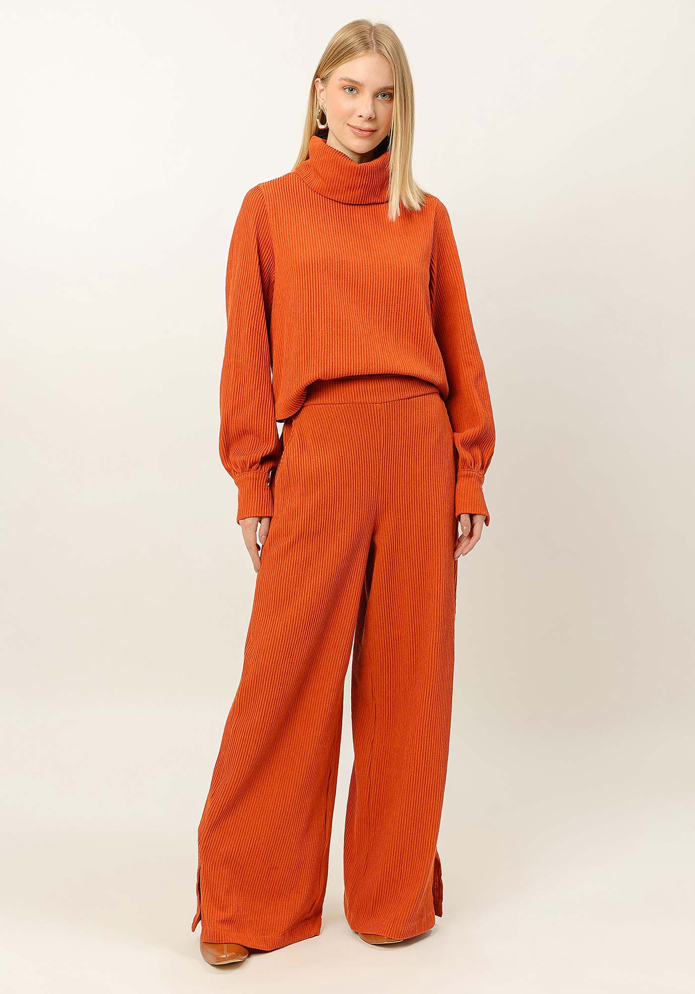 Cal&ccedil;a Pantalona em Malha com Bolsos, LARANJA  RADIANTE, large.