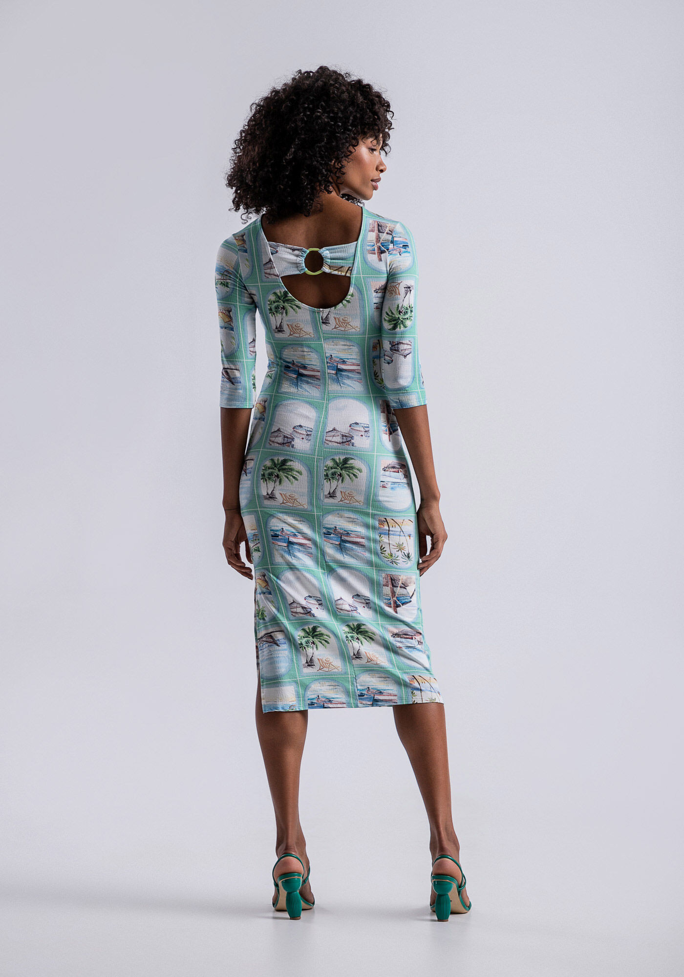 Vestido Midi Manga 3/4 em Malha com Recorte, VISTA, large.