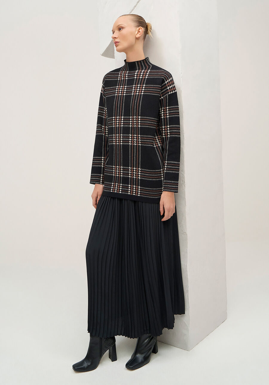 Blusão Alongado Xadrez em Tricô com Gola Alta, PRETO REATIVO. Blusão Alongado Xadrez em Tricô com Gola Alta, PRETO REATIVO, large.