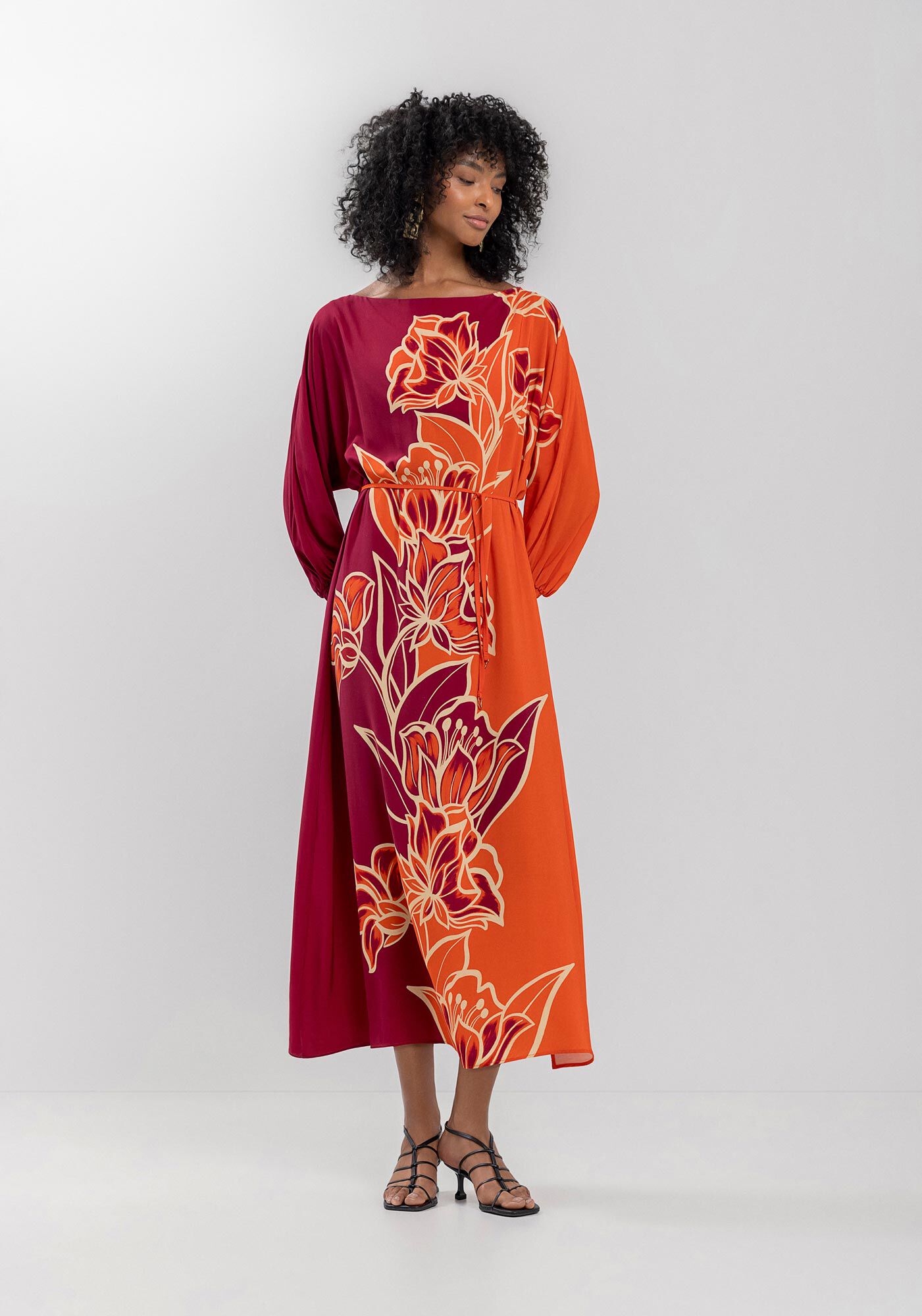 Vestido Midi Ch&aacute; Ombro A Ombro Estampado Em Viscose, ANEMONE VERMELHO, large.