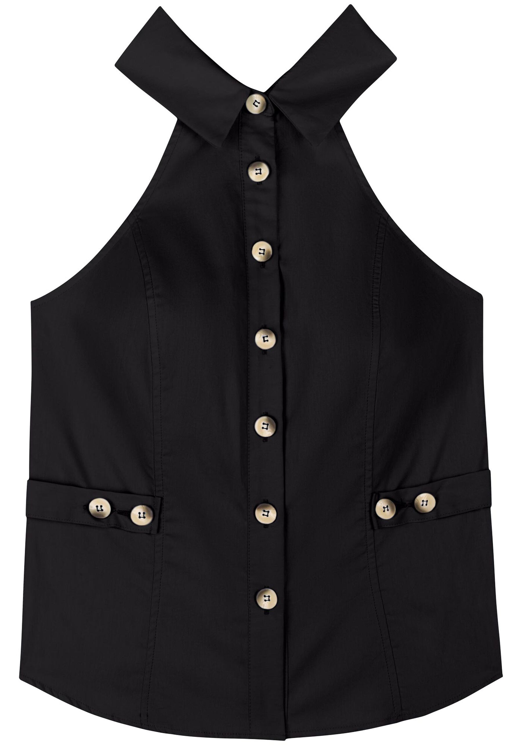 Blusa Sem Mangas Em Algodão Com Botões E Gola Camisa, PRETO. Blusa Sem Mangas Em Algodão Com Botões E Gola Camisa, PRETO, large.