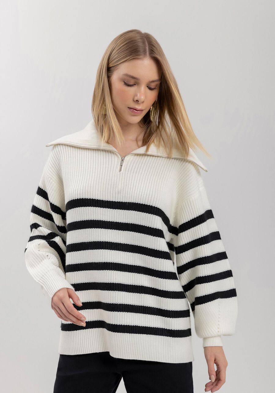 Blusão Listrado Alongado De Mangas Longas Em Tricô, BRANCO OFF WHITE. Blusão Listrado Alongado De Mangas Longas Em Tricô, BRANCO OFF WHITE, large.