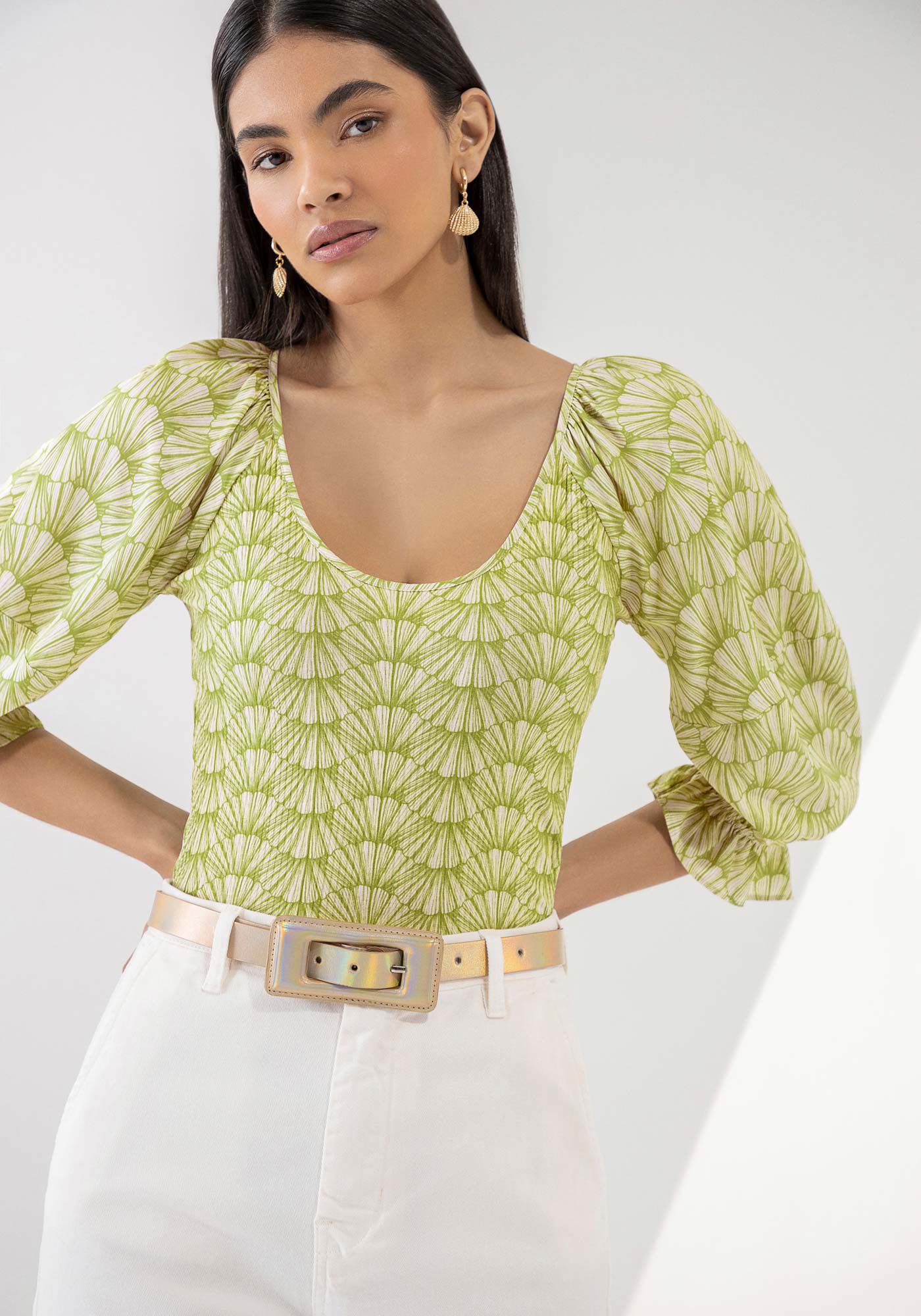 Blusa Canelada Estampada com Manga 3/4 Bufante, , large.