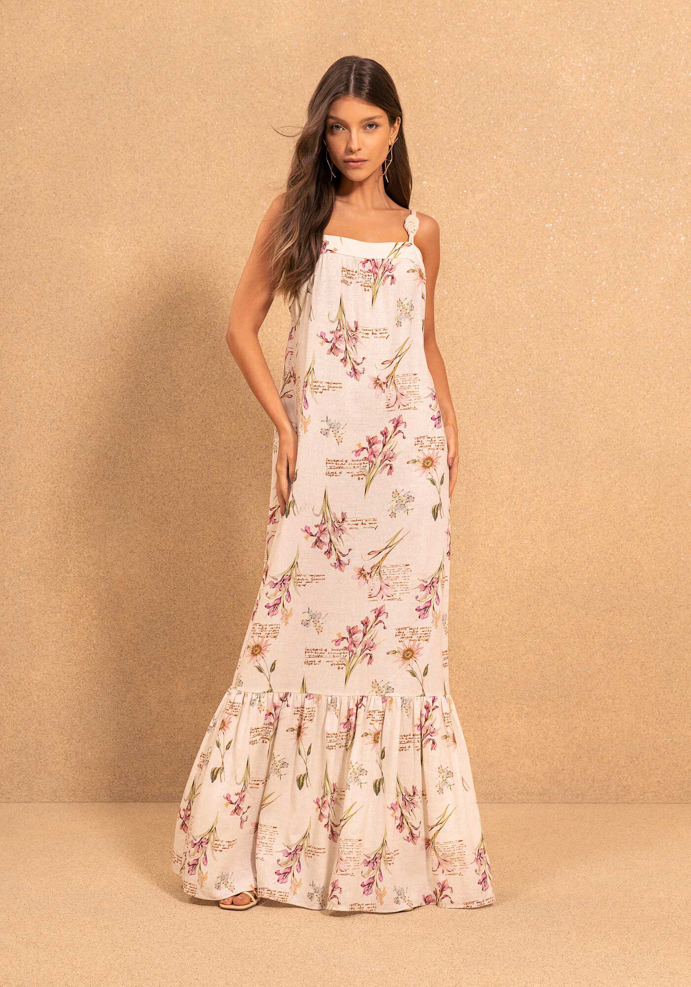 Vestido Longo Estampado De Al&ccedil;as Com Babado E Linho, POEMA BEGE, large.