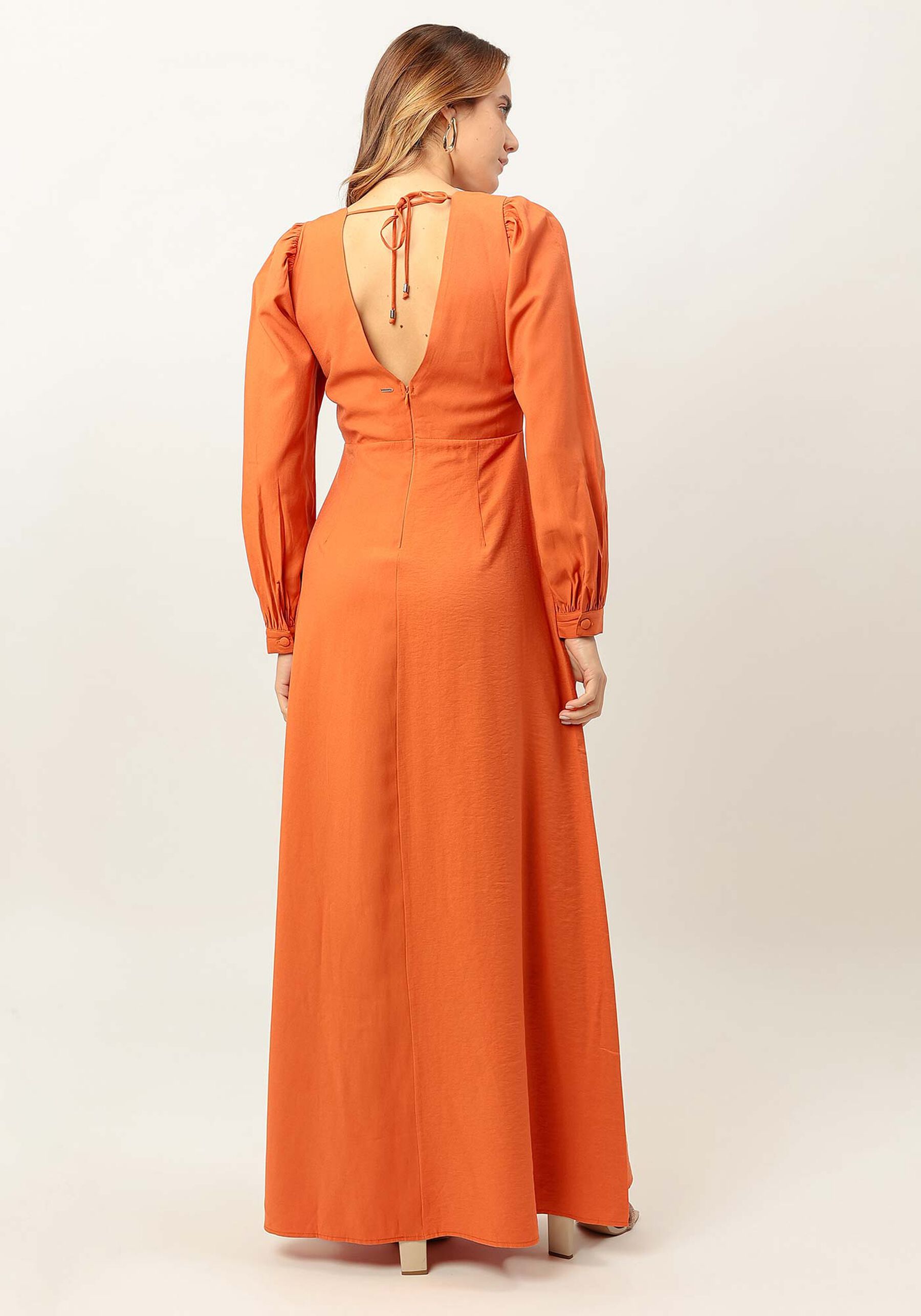 Vestido Longo com Manga Longa Bufante, LARANJA  RADIANTE. Vestido Longo com Manga Longa Bufante, LARANJA  RADIANTE, large.