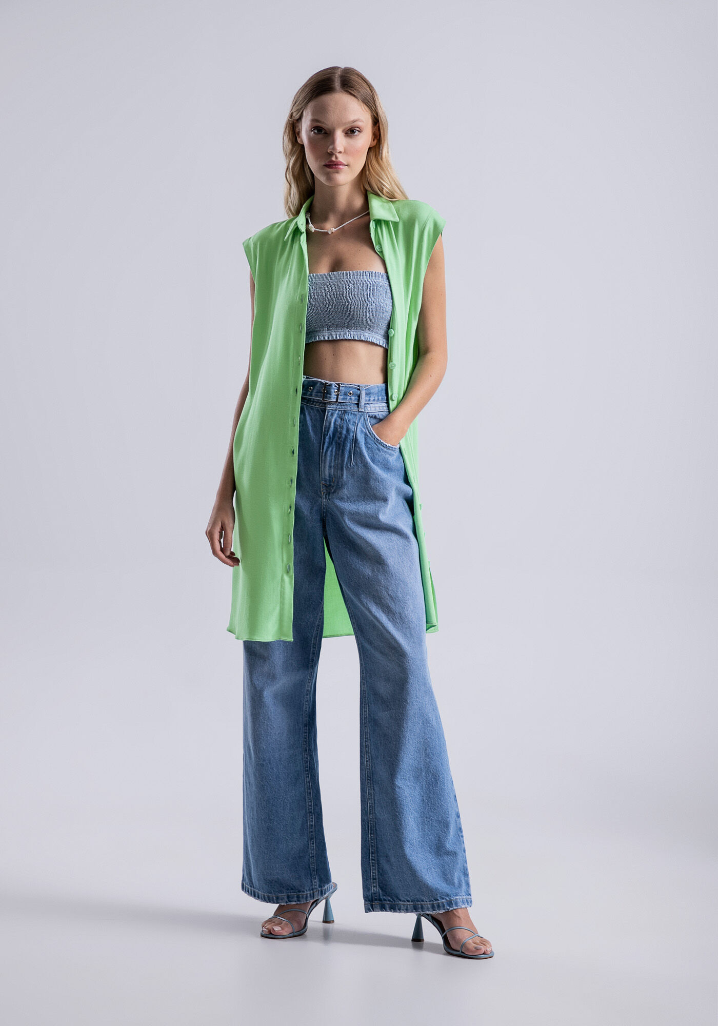 Vestido Curto Chemise em Malha com Recorte, , large.