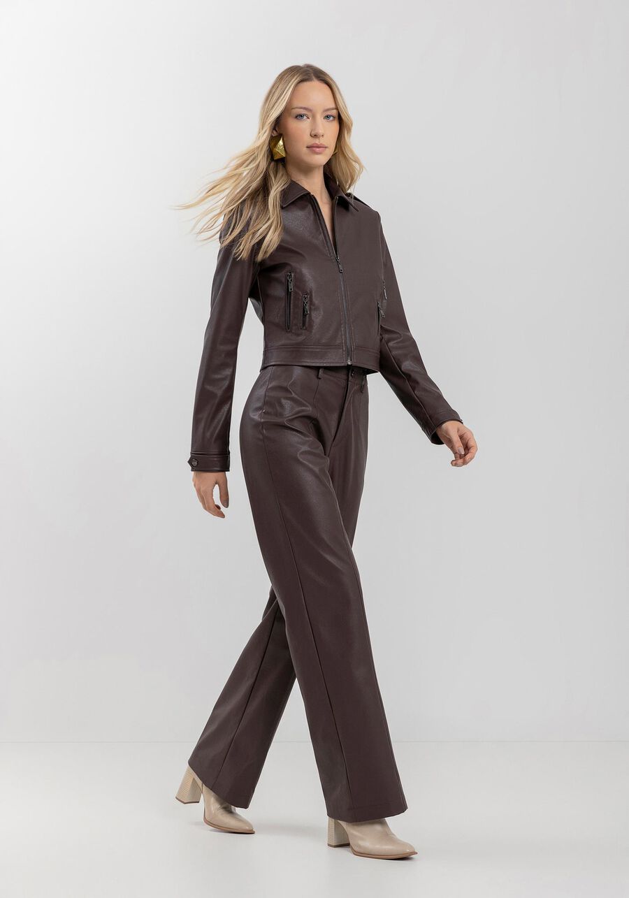 Jaqueta Curta Em Pu Com Mangas Longas E Zíperes Frontais, MARROM CHOCOLATE. Jaqueta Curta Em Pu Com Mangas Longas E Zíperes Frontais, MARROM CHOCOLATE, large.