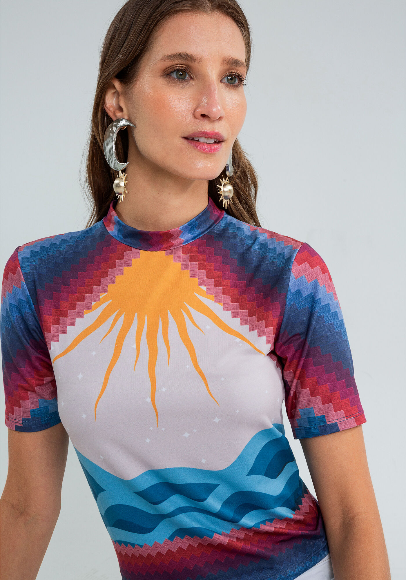 Blusa Manga Curta Gola Alta Estampa, SEJA SOL, large.