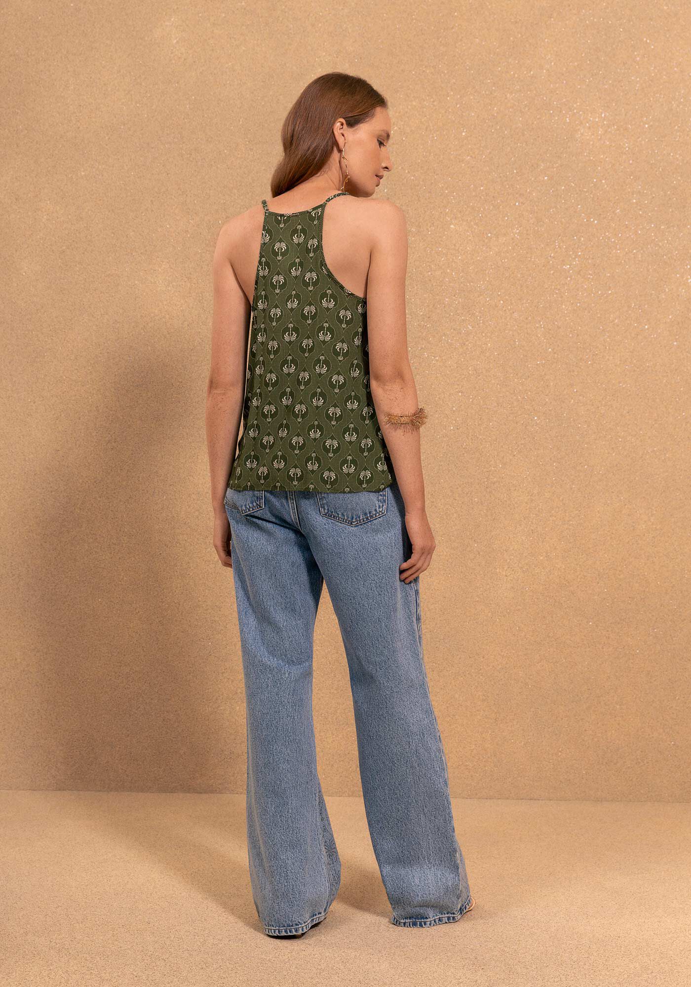 Blusa Regata De Al&ccedil;as Finas Estampada Com Decote Em V, MINI PALM VERDE, large.