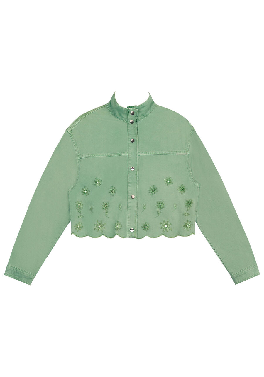 Jaqueta Sarja Cropped com Bordado Laise, VERDE GEMSTONE. Jaqueta Sarja Cropped com Bordado Laise, VERDE GEMSTONE, large.