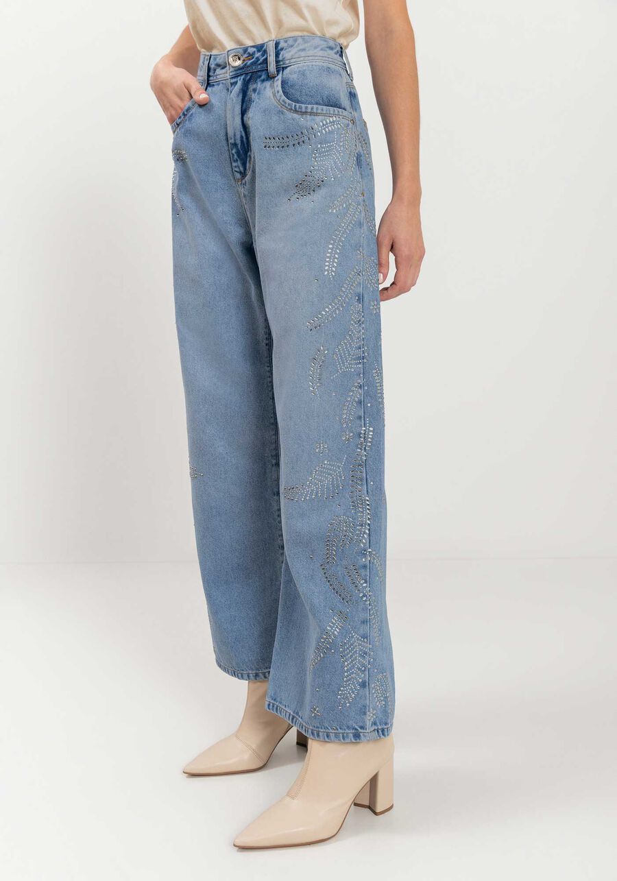 Calça Wide Leg Jeans Cropped Com Aplicações De Strass, JEANS. Calça Wide Leg Jeans Cropped Com Aplicações De Strass, JEANS, large.