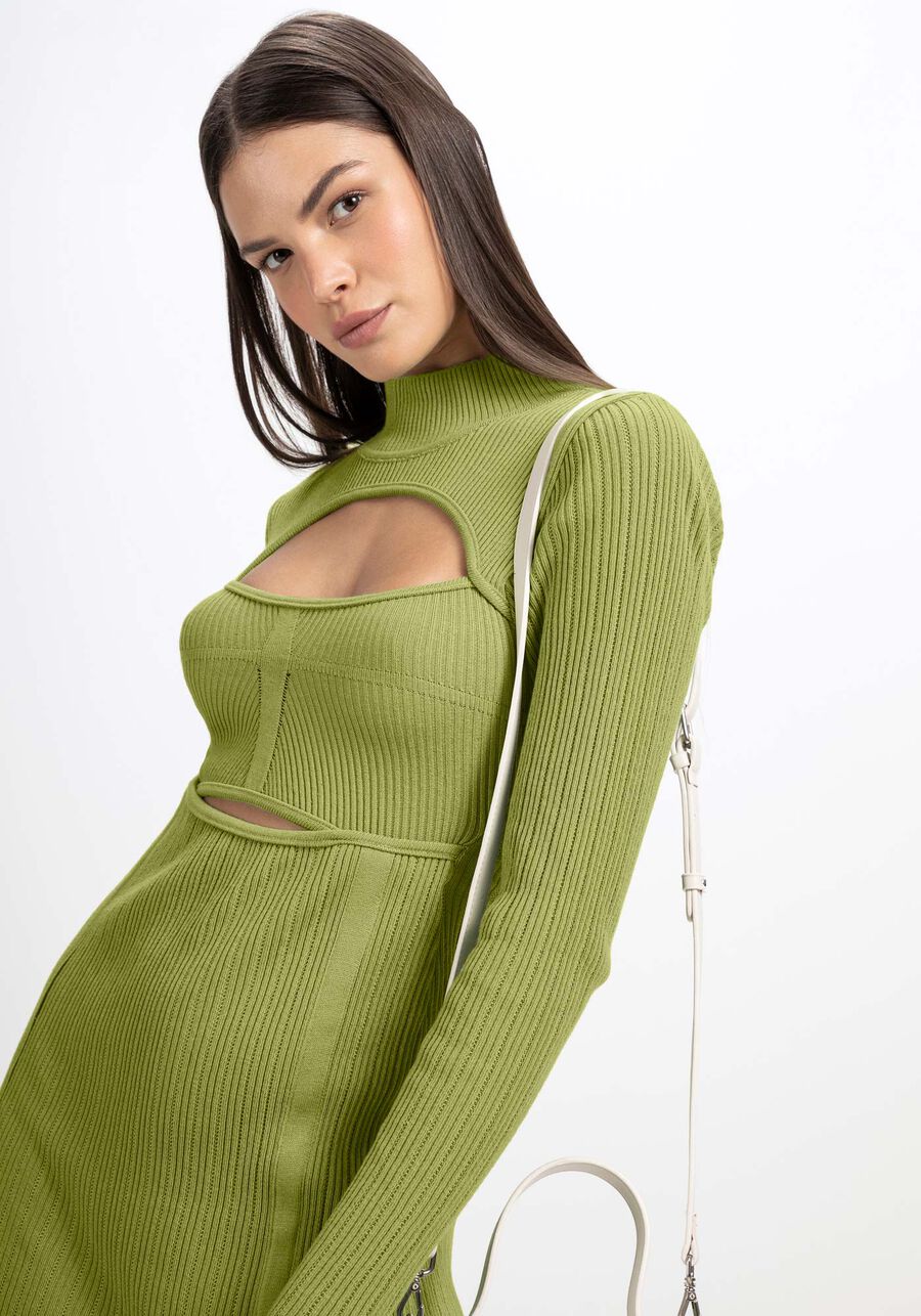 Vestido Curto Manga Longa em Tricô com Cut Out, VERDE PARAMELA. Vestido Curto Manga Longa em Tricô com Cut Out, VERDE PARAMELA, large.